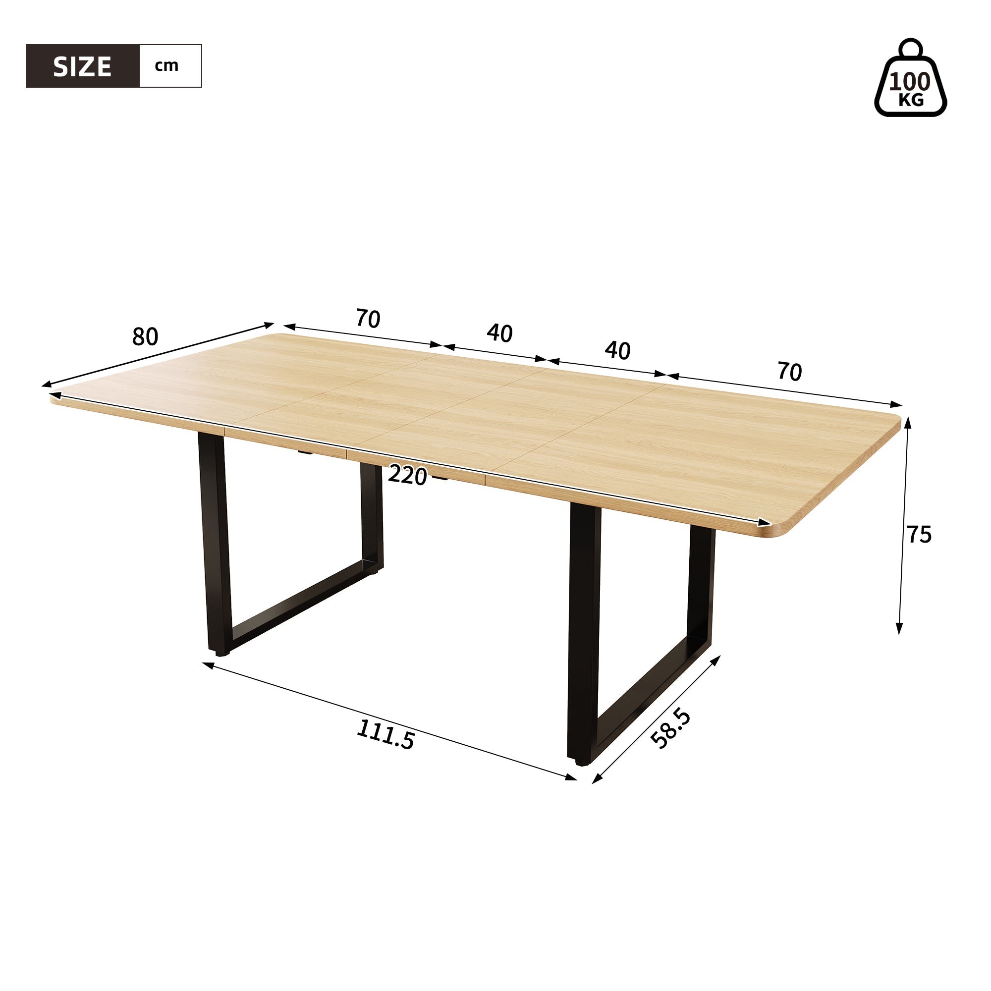 Extendable Dining Table 3 Lengths 140/180/220x80cm for 6-10 People Metal Legs Oak