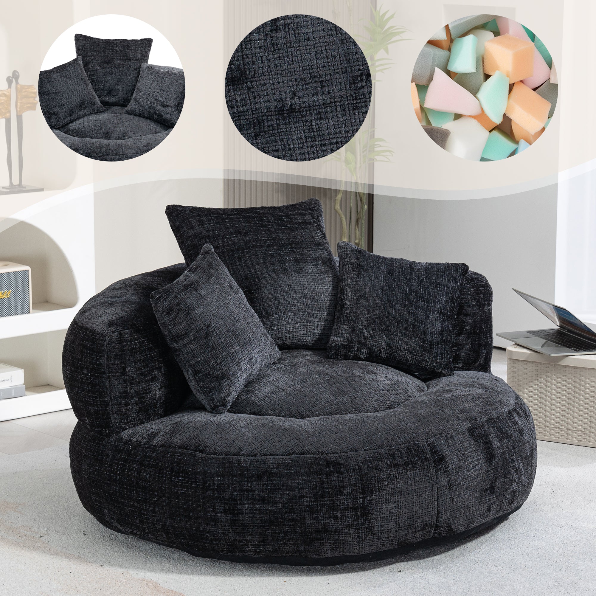 Lazy Sofa High Back Beanbag Chair with Three Cushions, Indoor/Outdoor, Black Chenille