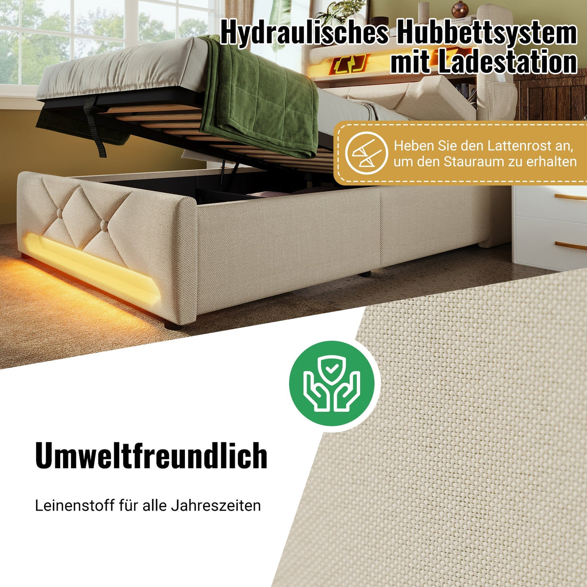 Upholstered Single Bed 90x200 Hydraulic Storage LED/USB Headboard, Beige Linen