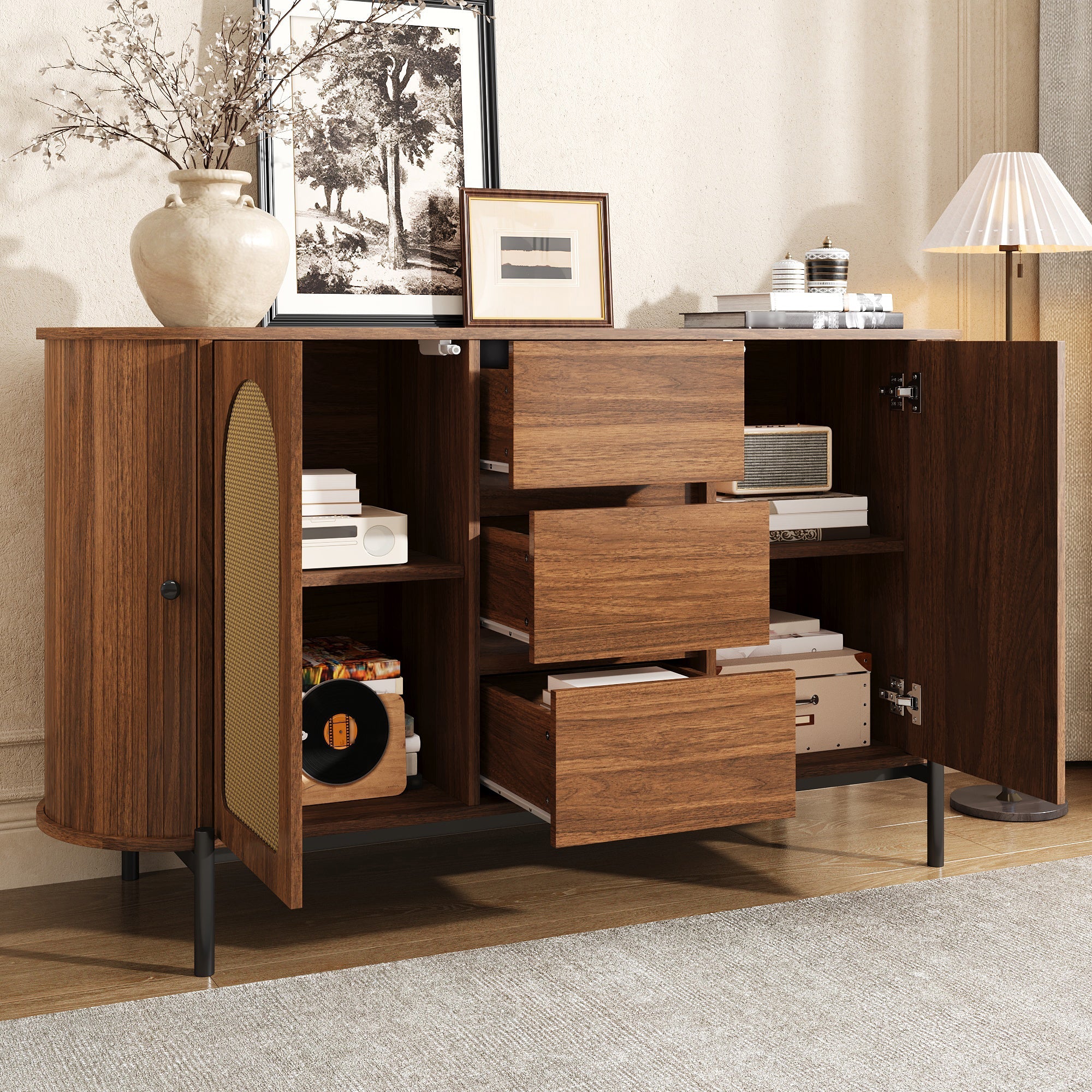 Oval Sideboard with Rattan Sliding Doors and Drawers, Wood Look and Metal