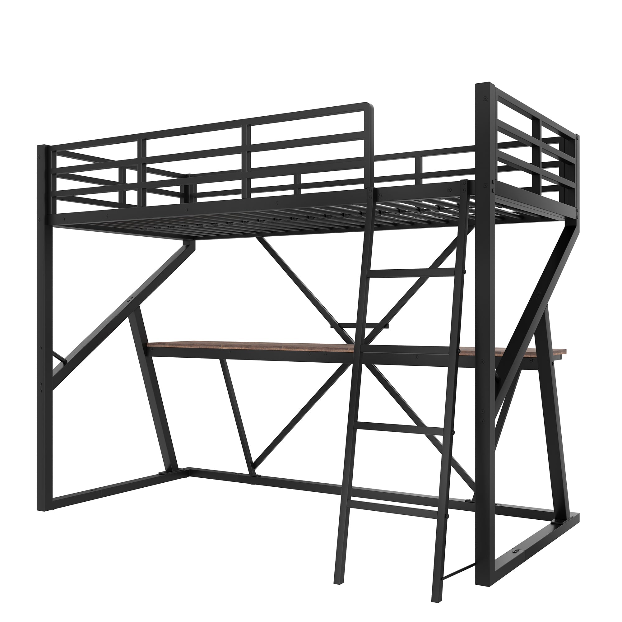 Loft Bed 90x200cm LED Strip Desk Iron Frame Black
