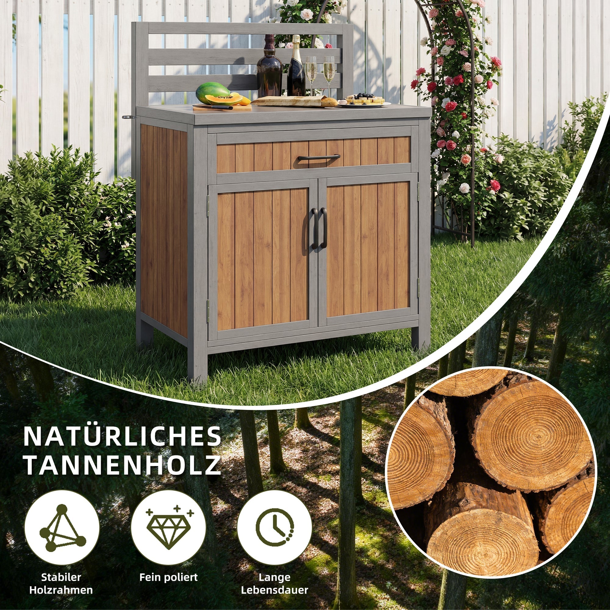 Wooden Garden Cabinet with Work Surface and Adjustable Shelves, Weatherproof Wood
