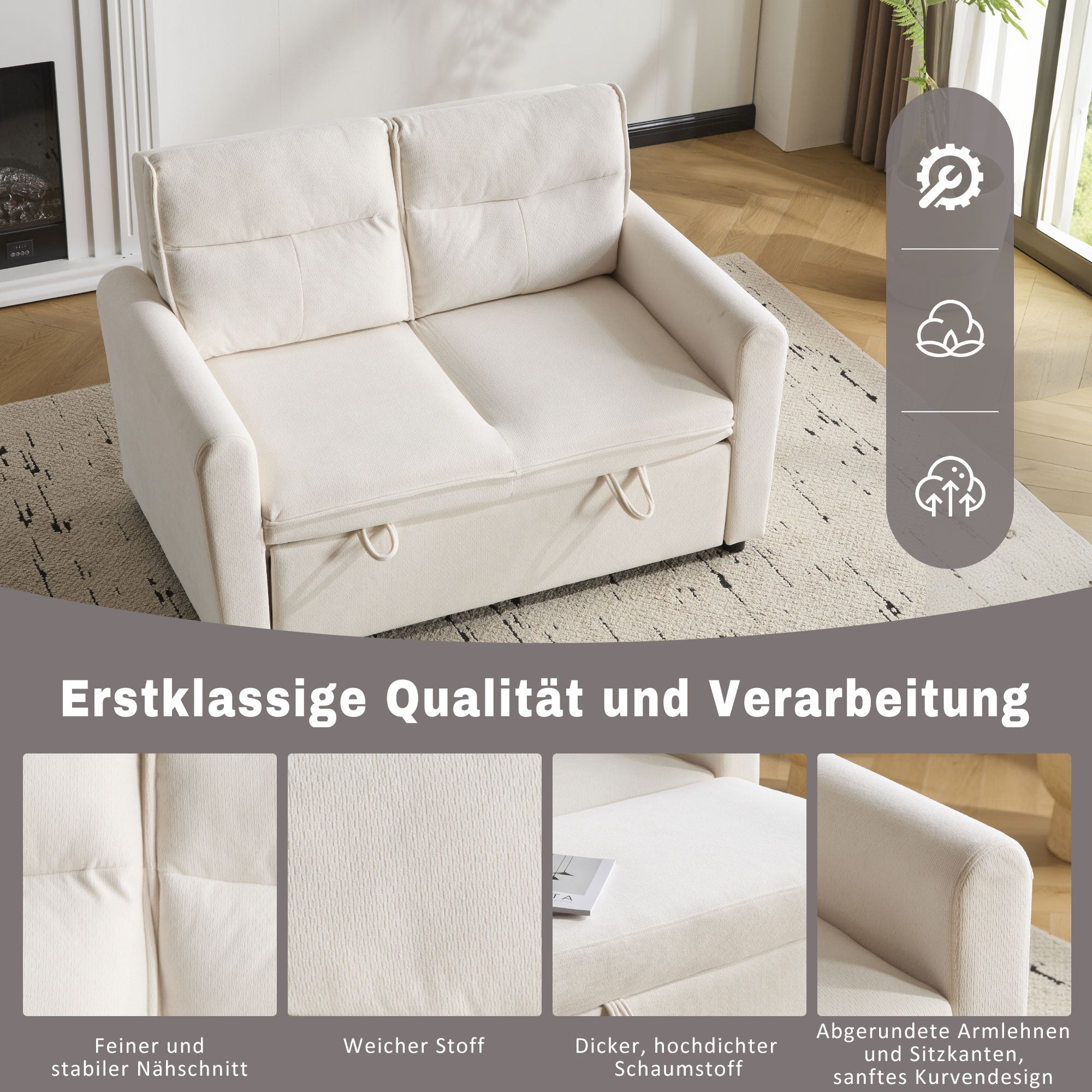 Sofa Bed, Modern 2-Seater Foldable with Pull-Out & Adjustable Backrest