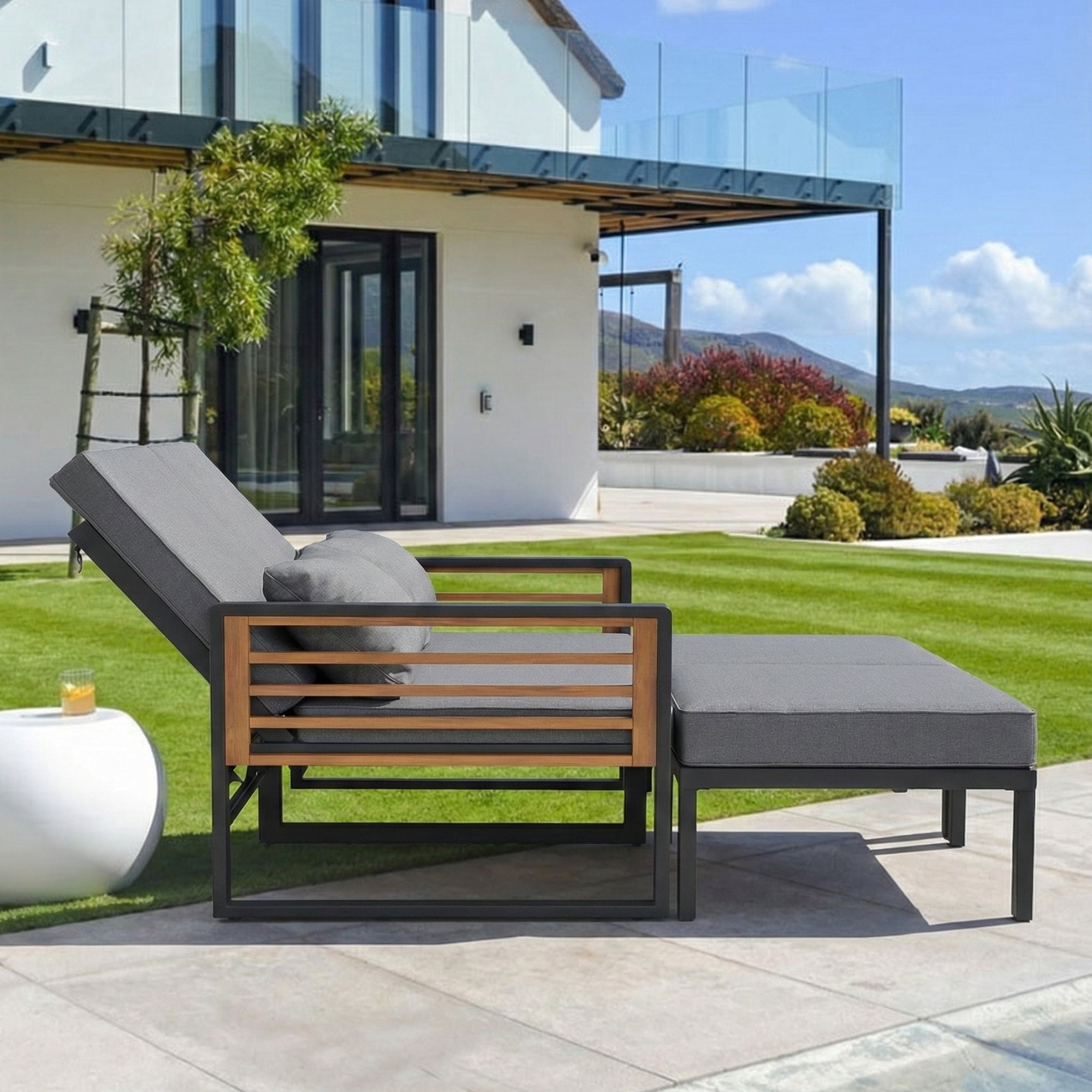 Garden Lounge Set for 2-4 People, Adjustable Outdoor Daybed and Sofa with Cushions, Grey Wood Look