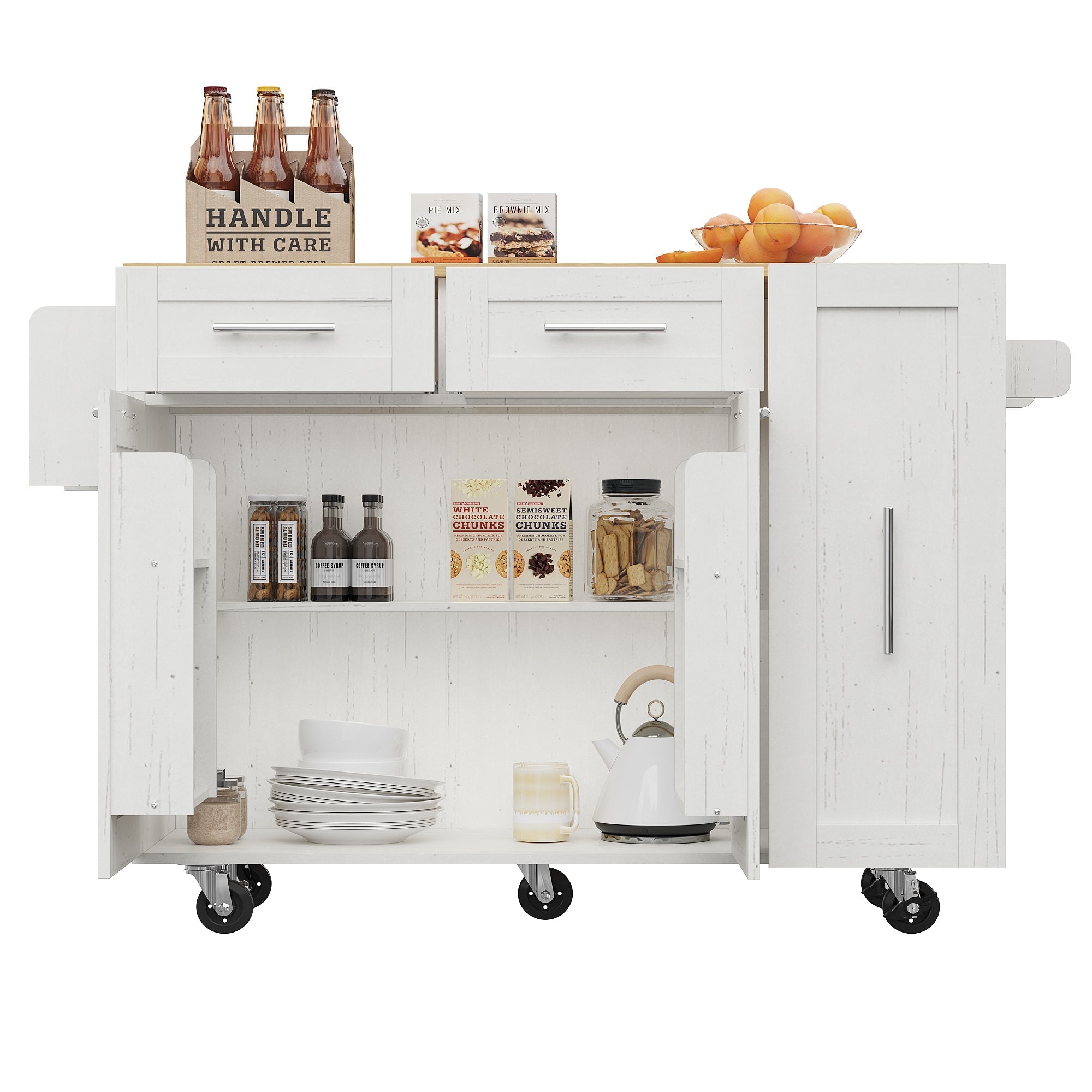 Modern Kitchen Island Cabinet, Buffet Dining Cart with Storage, White
