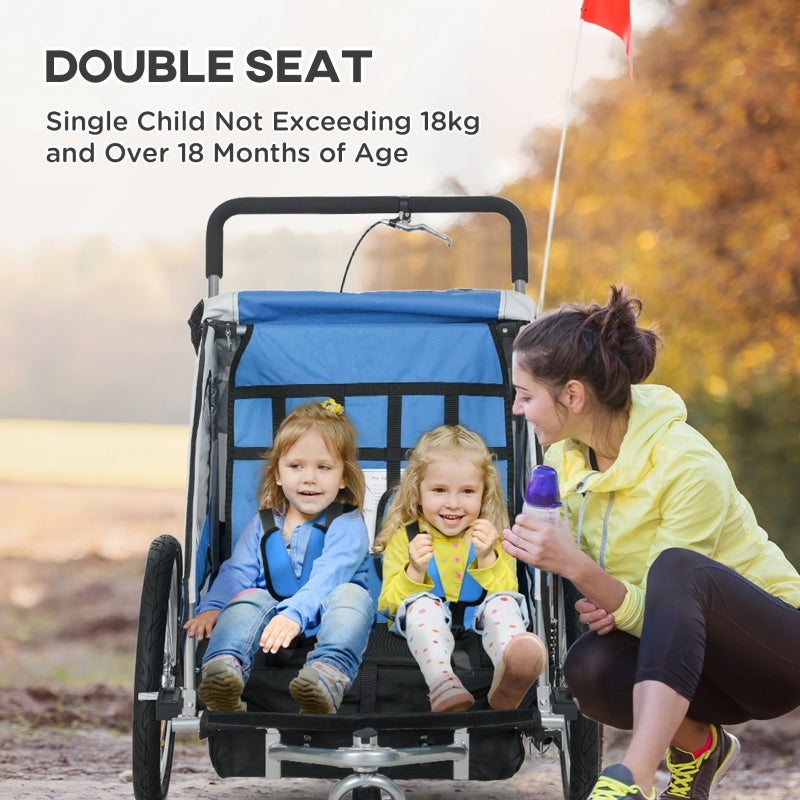 2 Seat Bike Trailer with 5 Point Harness, Safety Flag, Reflectors, Blue