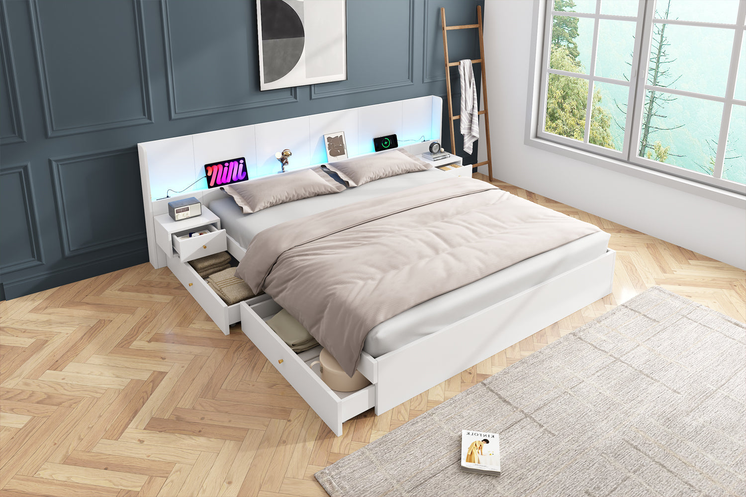 Double Bed 180x200cm LED USB App Control 2 Nightstands Storage - White Wood