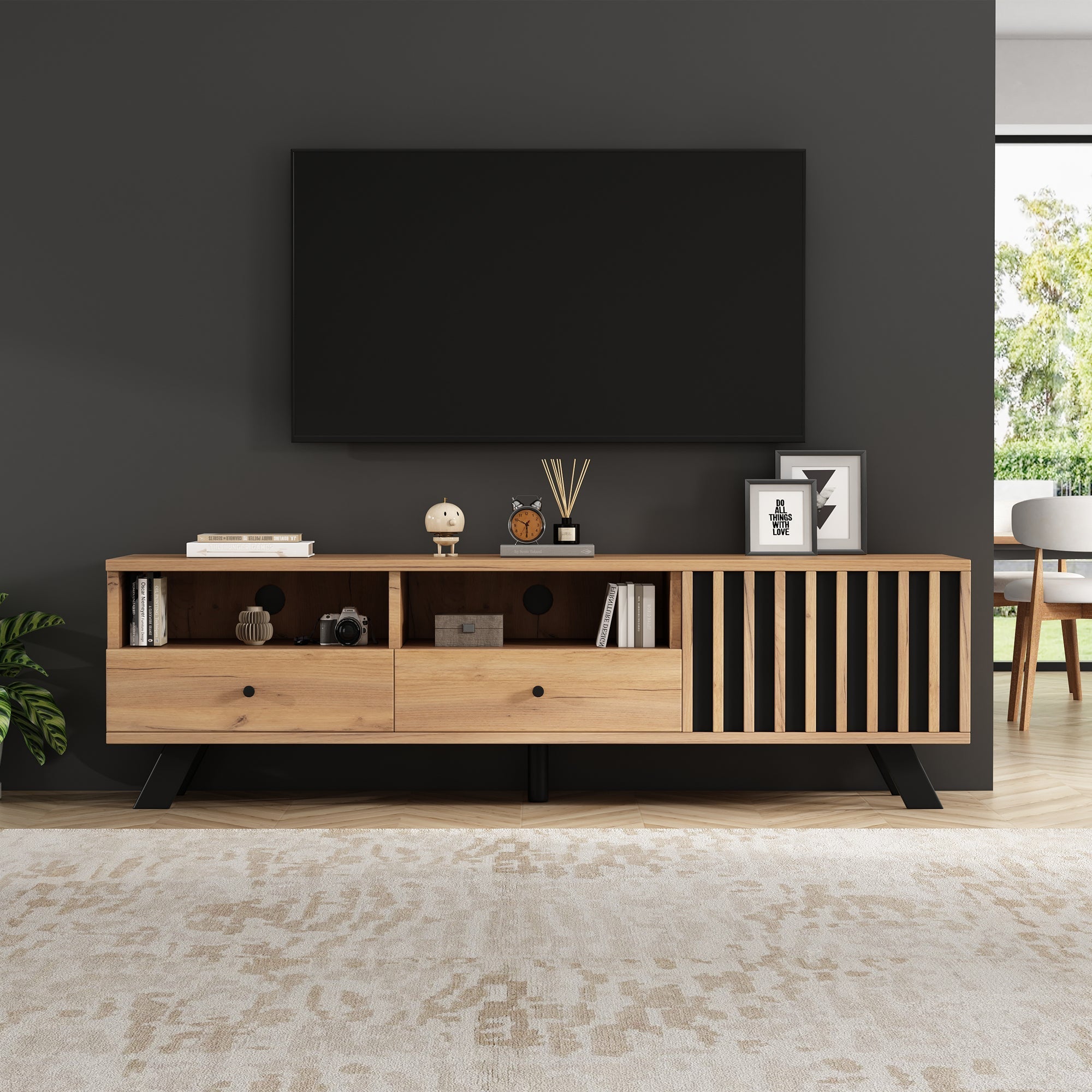 TV Cabinet 150cm with 2 Drawers, Lowboard for 60-inch TV, Wood Color