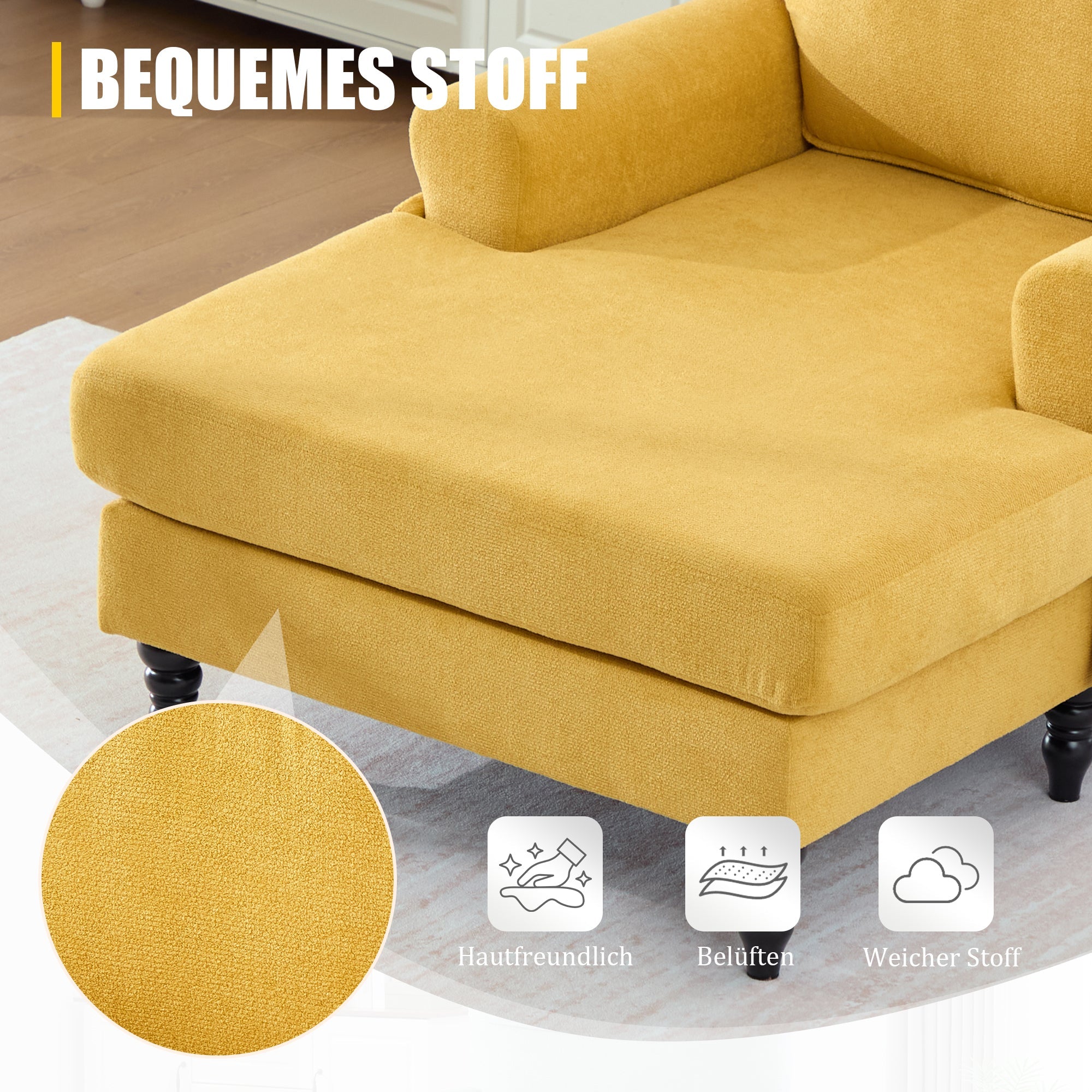 Single Sofa Lounger with Side Pockets and Wooden Legs, Chenille Fabric