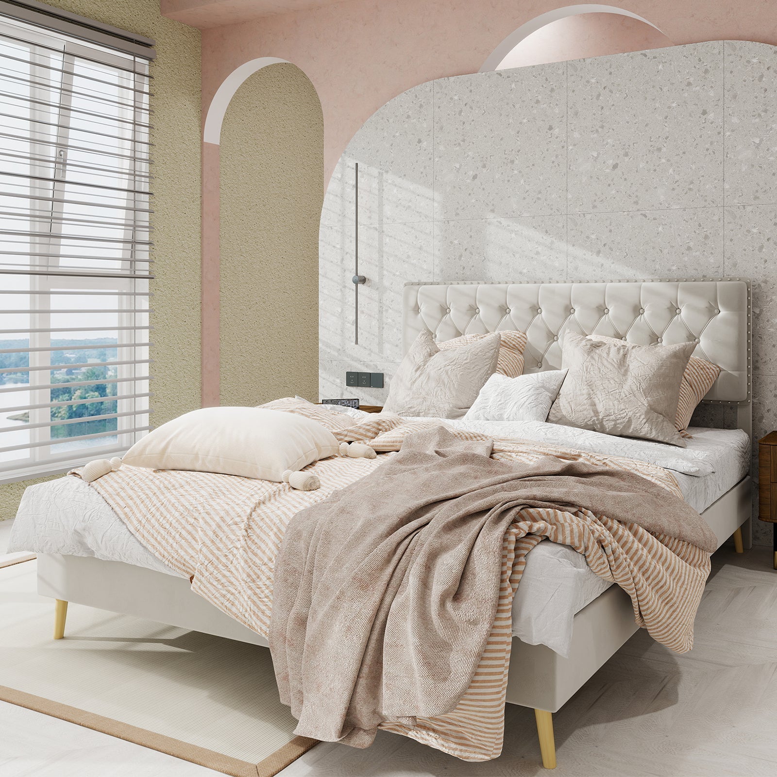 Modern Minimalist Soft Bed, Comfortable Headboard, 160x200CM, Beige