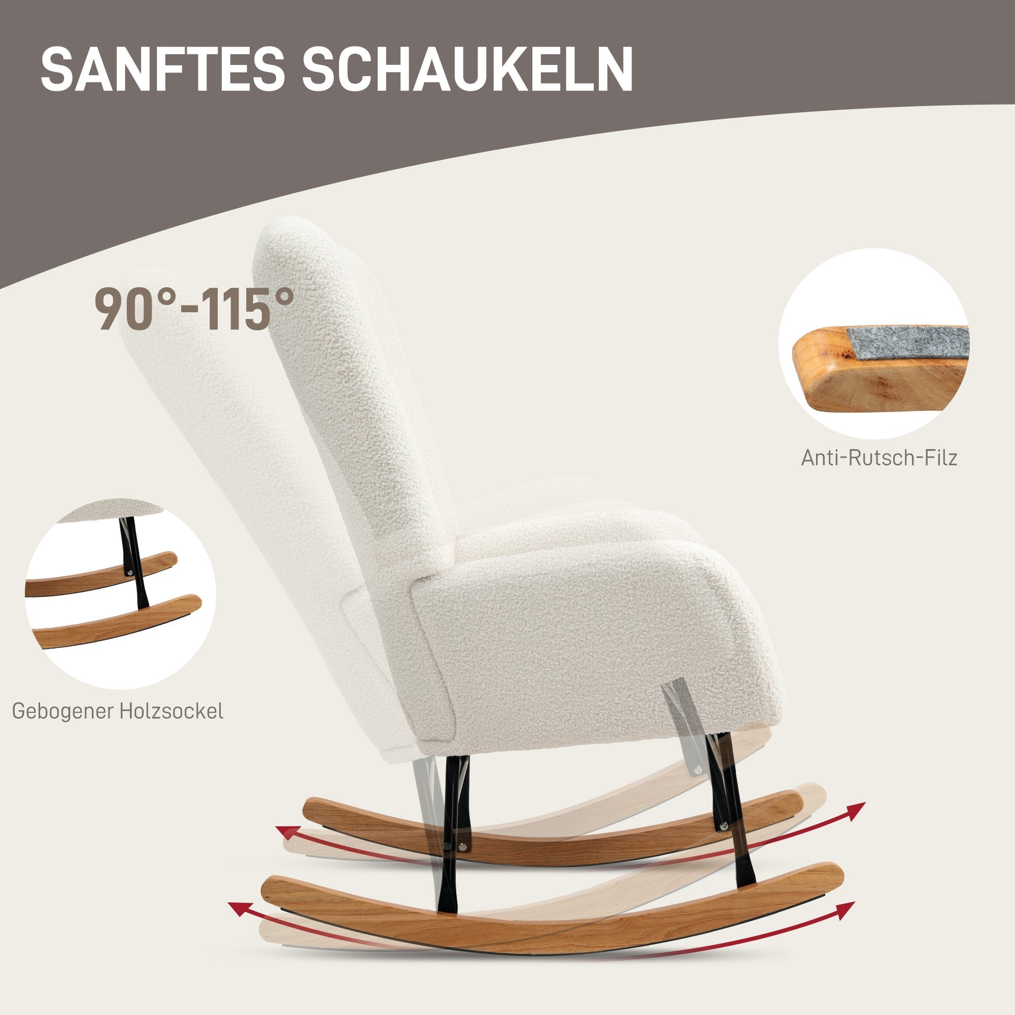 Rocking Chair, Armrests, Teddy Velvet, Cream White