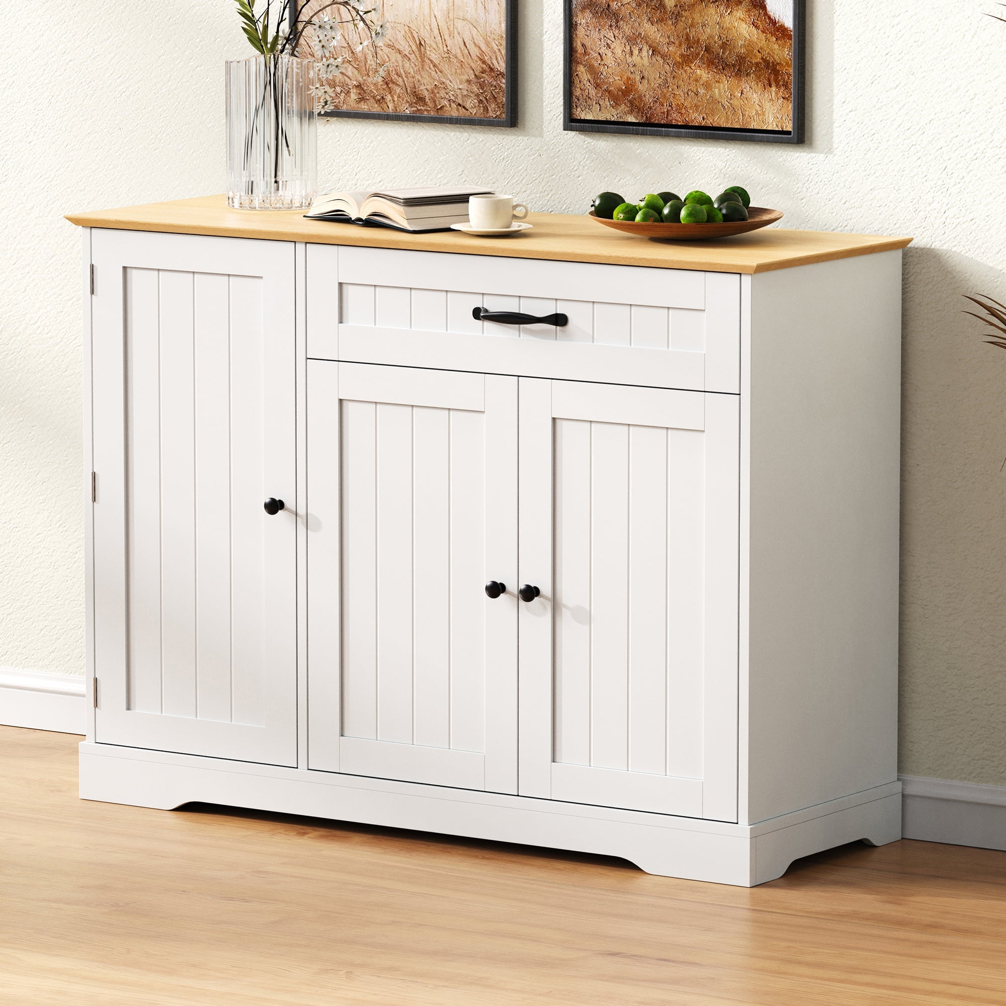 Sideboard 3 Doors 1 Drawer Storage Cabinet - White/Natural
