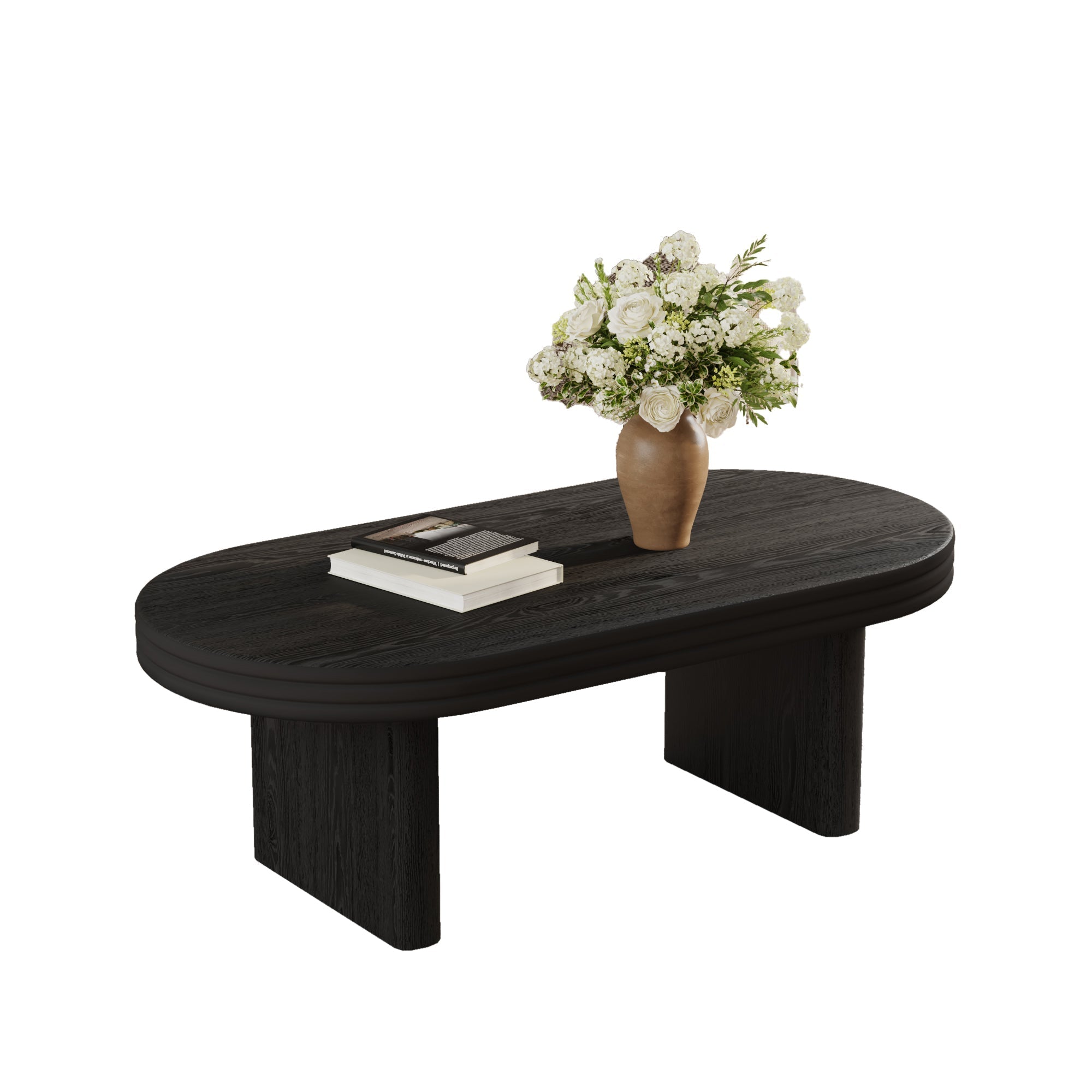 Mid Century Modern Oval Fluted Coffee Table Rustic Wood - Black