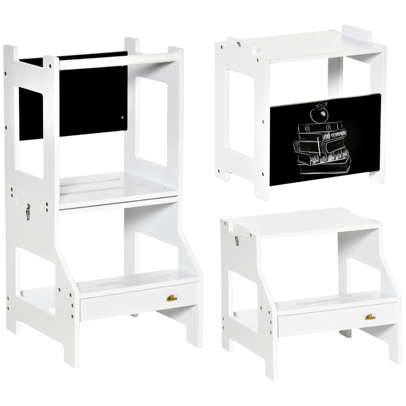 2 in 1 Kids Step Stool Safety Rail Toddler Steps Chalkboard, White