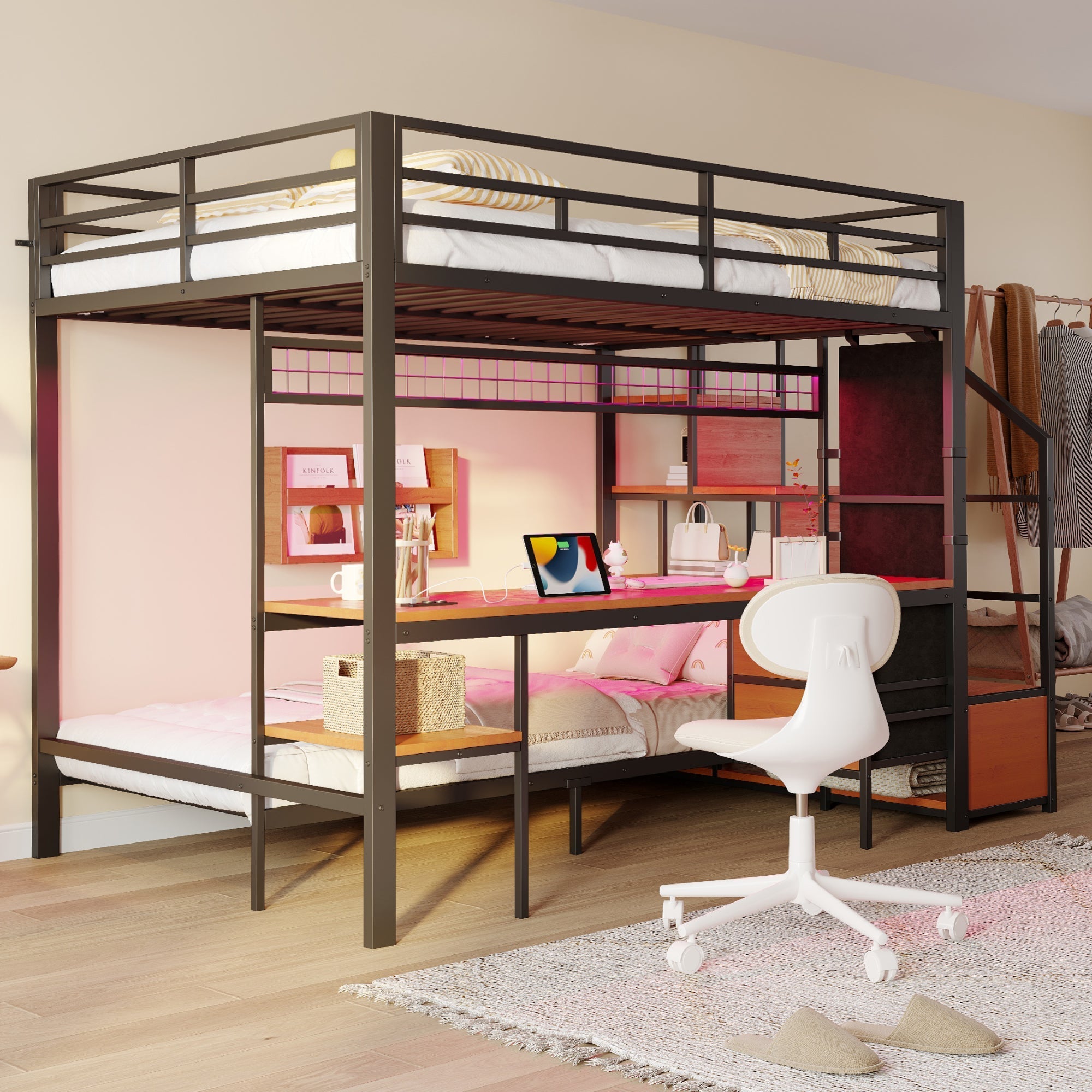 Metal Loft Bunk Bed Multifunctional with Desk LED Light Power Outlets Storage 140x200/90x200 Black