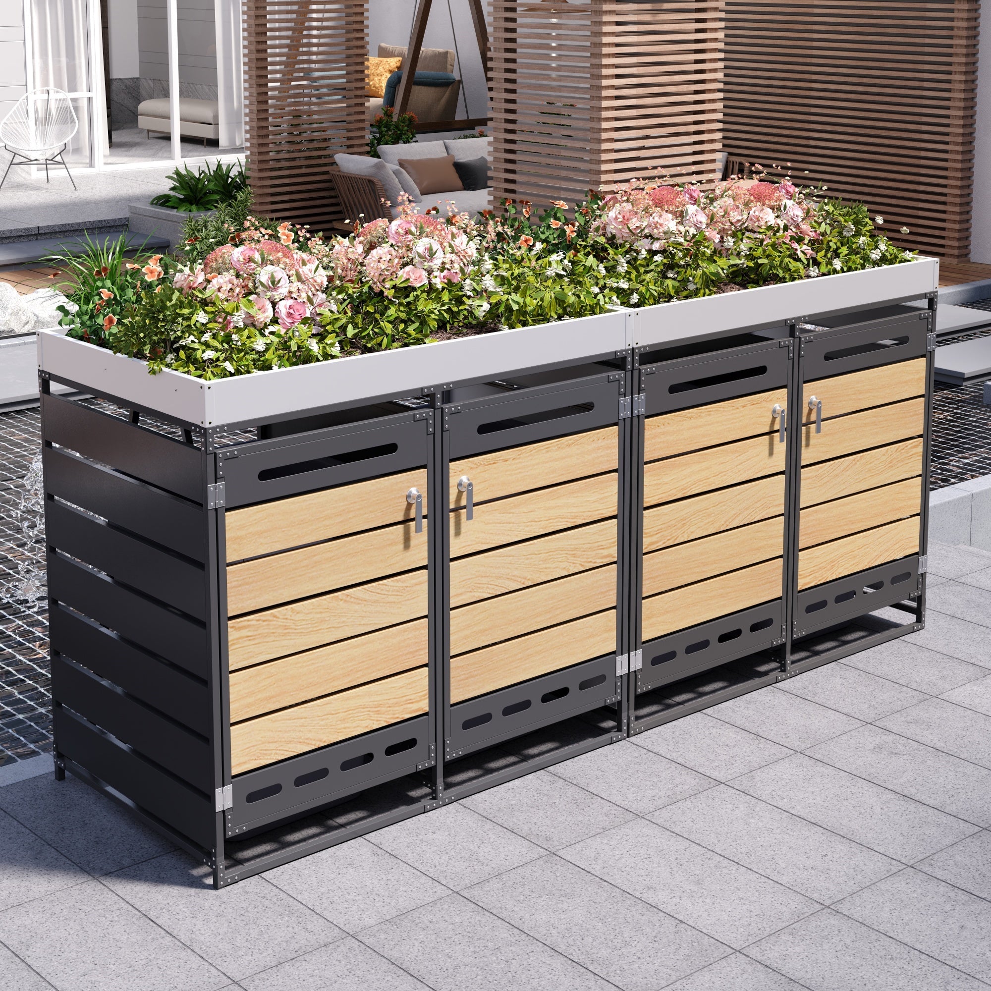 Bin Storage Unit with Planter Box, Slotted Ventilation and Lock, Iron with Wood-Look Slats
