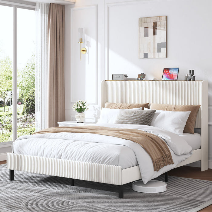 Bed Frame 160x200 Upholstered Platform Wing Edge Design Metal Slats Fabric