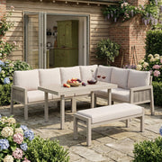 Garden Dining Set with Corner Sofa, Benches, and Glass Tabletop, 8-Person PE Rope and Galvanized Iron, Khaki