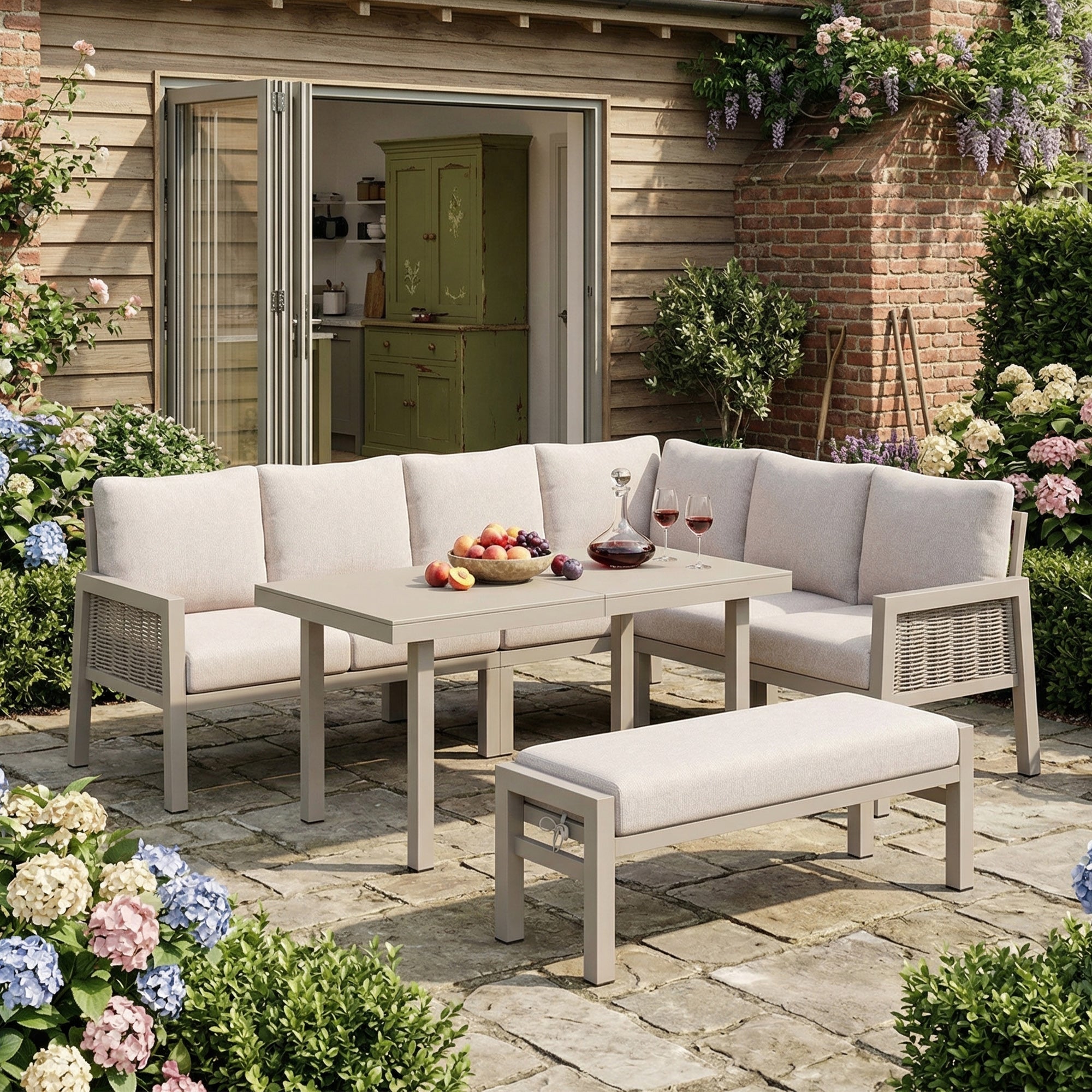 Garden Dining Set with Corner Sofa, Benches, and Glass Tabletop, 8-Person PE Rope and Galvanized Iron, Khaki