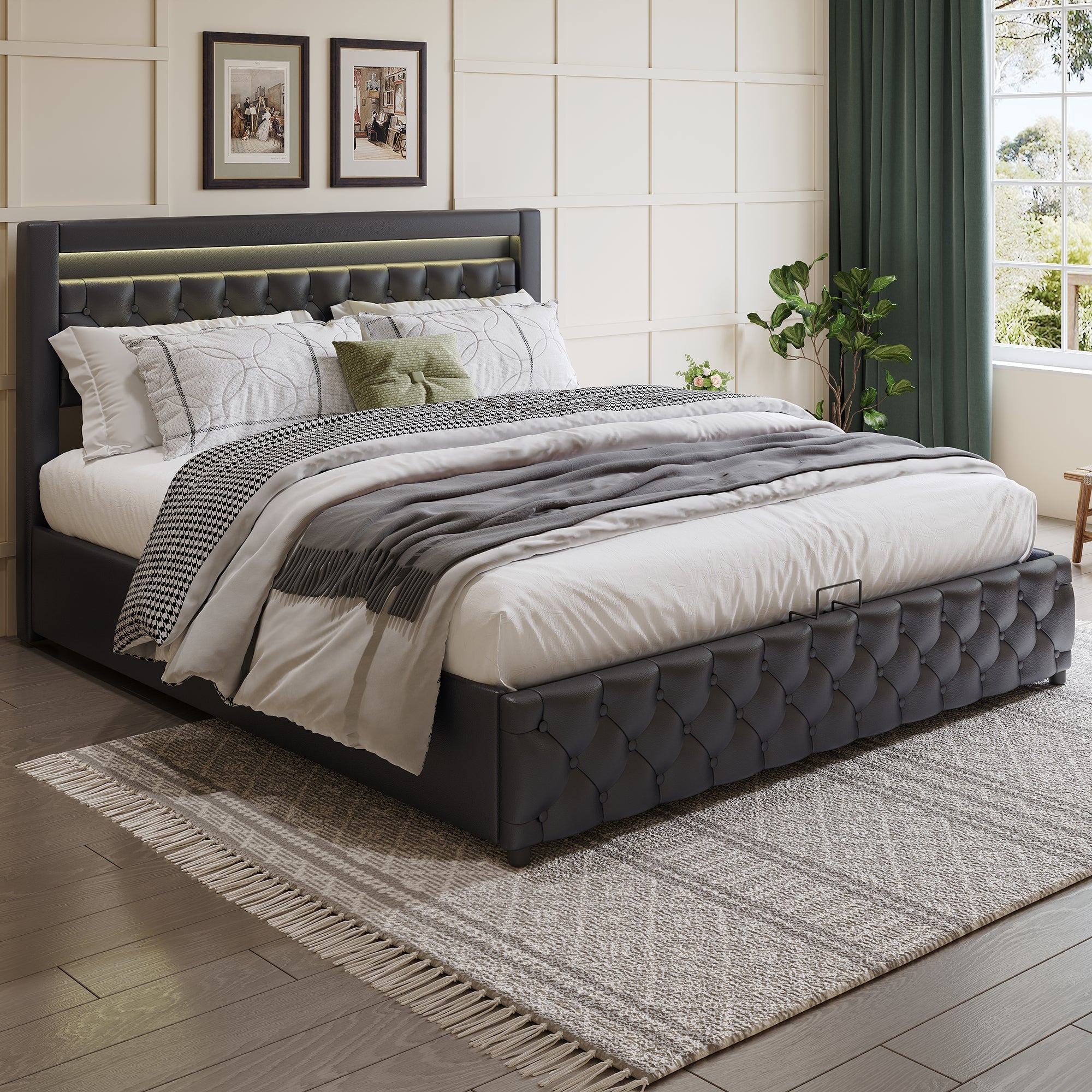 Upholstered Bed 180x200cm, Double Storage Bed with Drawers and LED Light Strip, Black PU