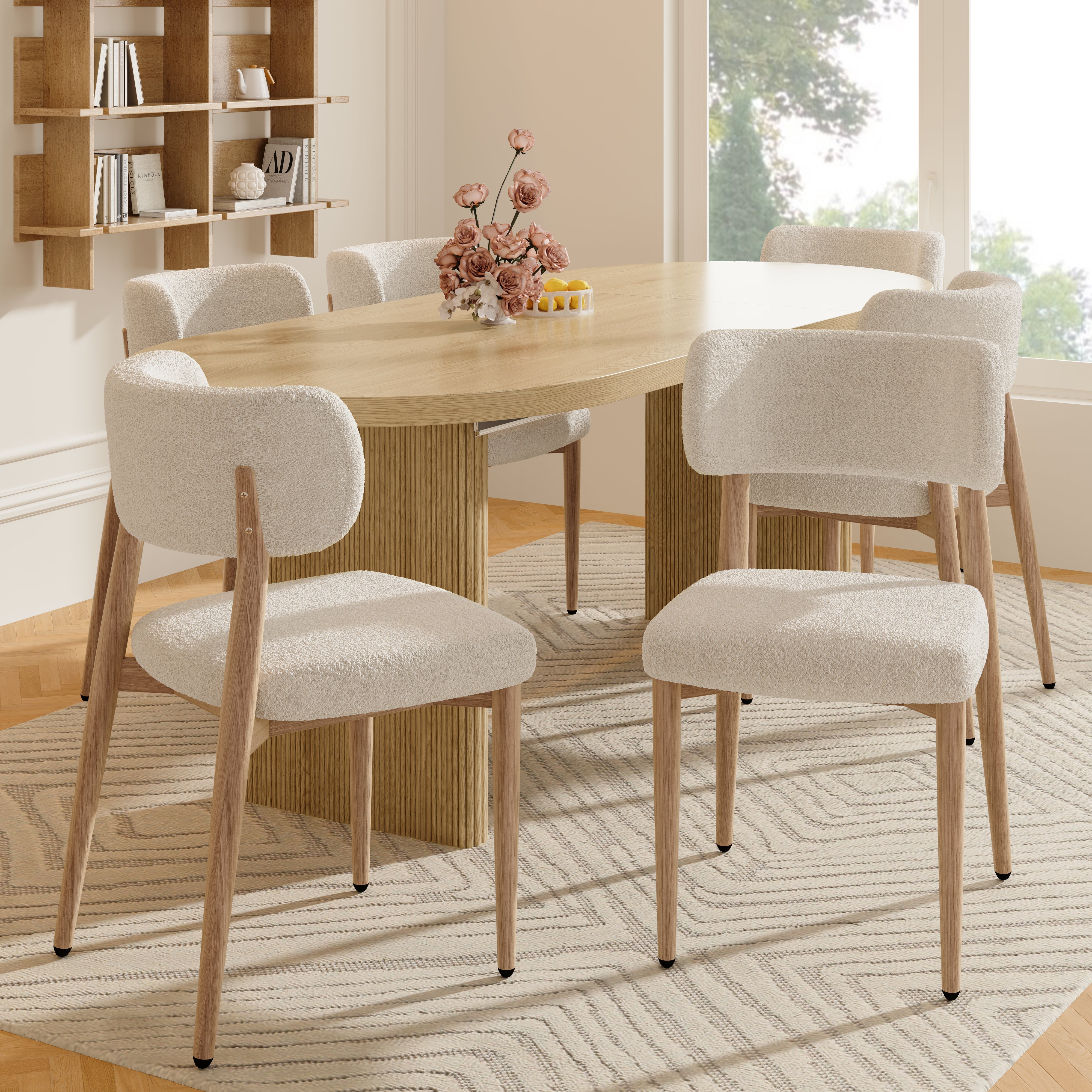Dining Chairs Set of 4, Metal with Wood Look and Breathable Bouclé, Natural Color