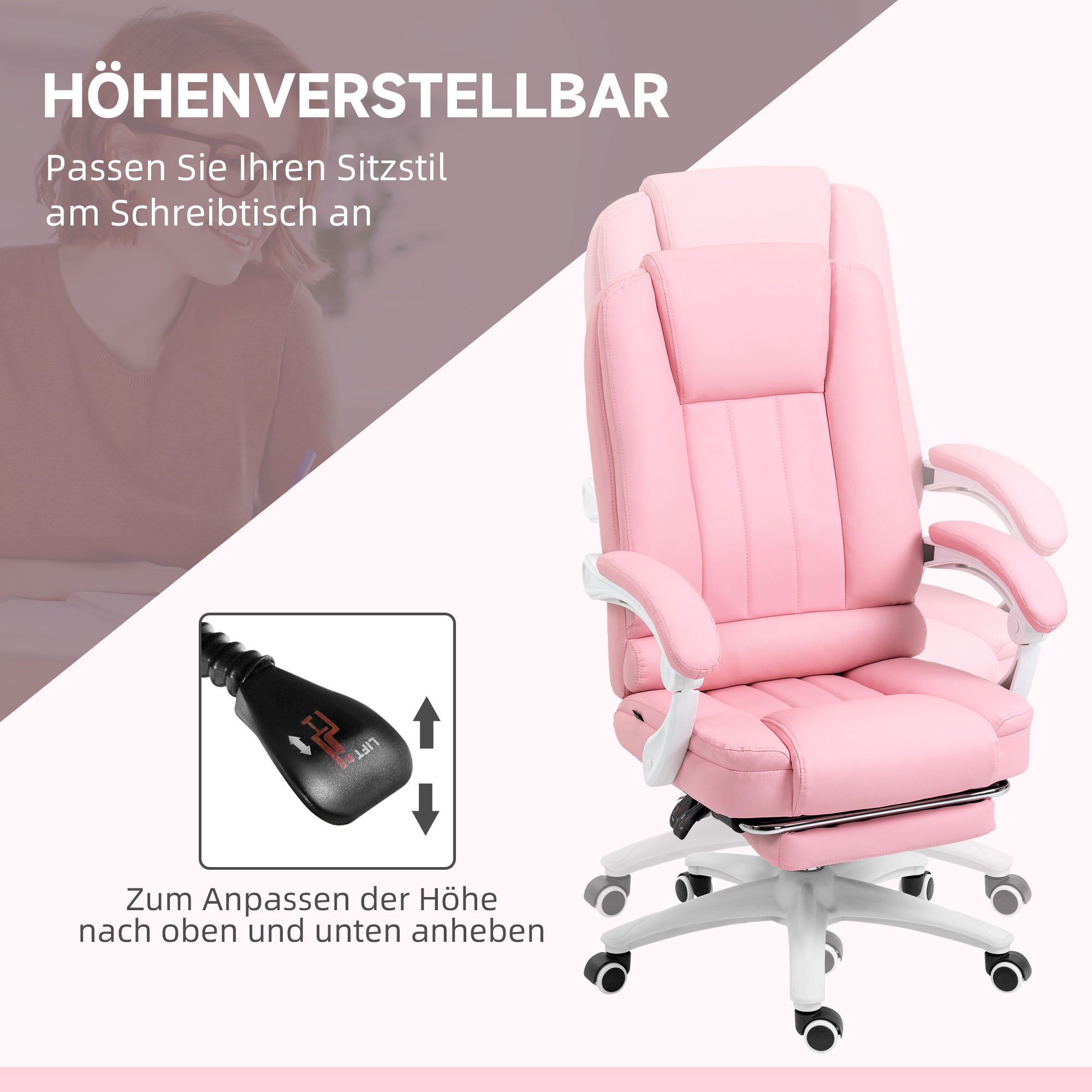 Office Chair Reclining Footrest Casters Adjustable Faux Leather Pink