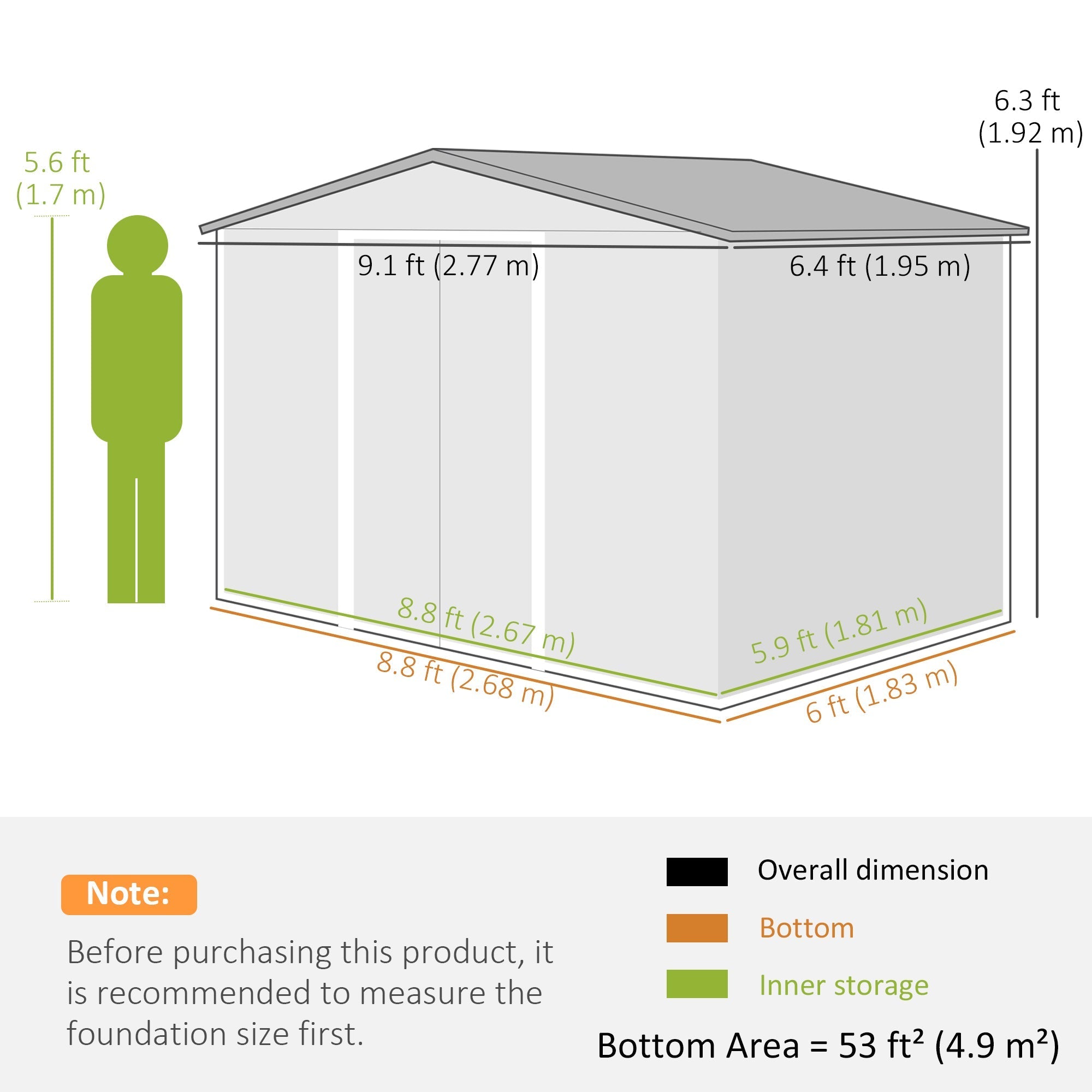 9 x 6ft Metal Garden Shed, Outdoor Storage Tool House with Ventilation, Foundation Kit & Lockable Double Doors, Green