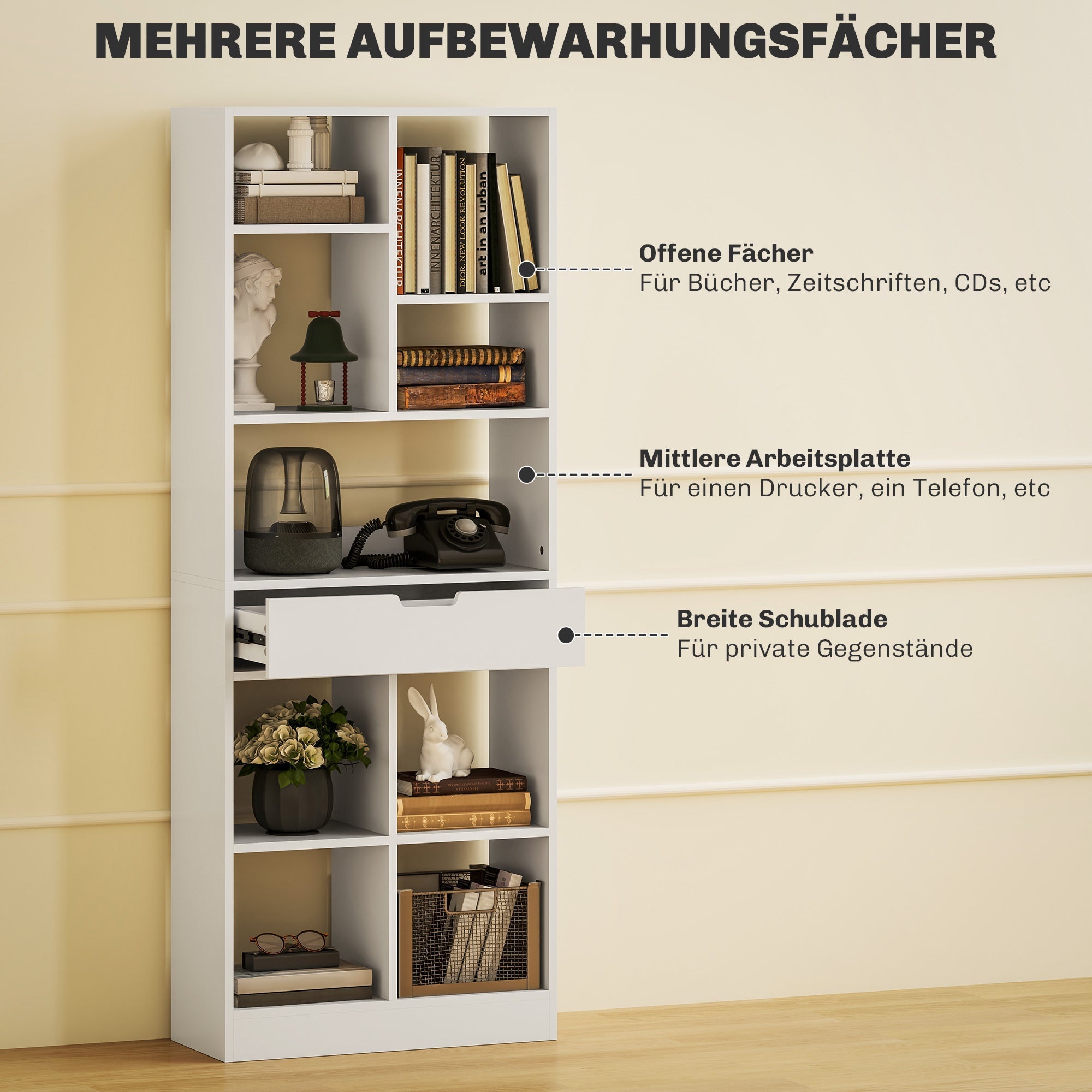 Bookshelf 9 Shelves 1 Drawer Anti-Tip 60x26x158cm White
