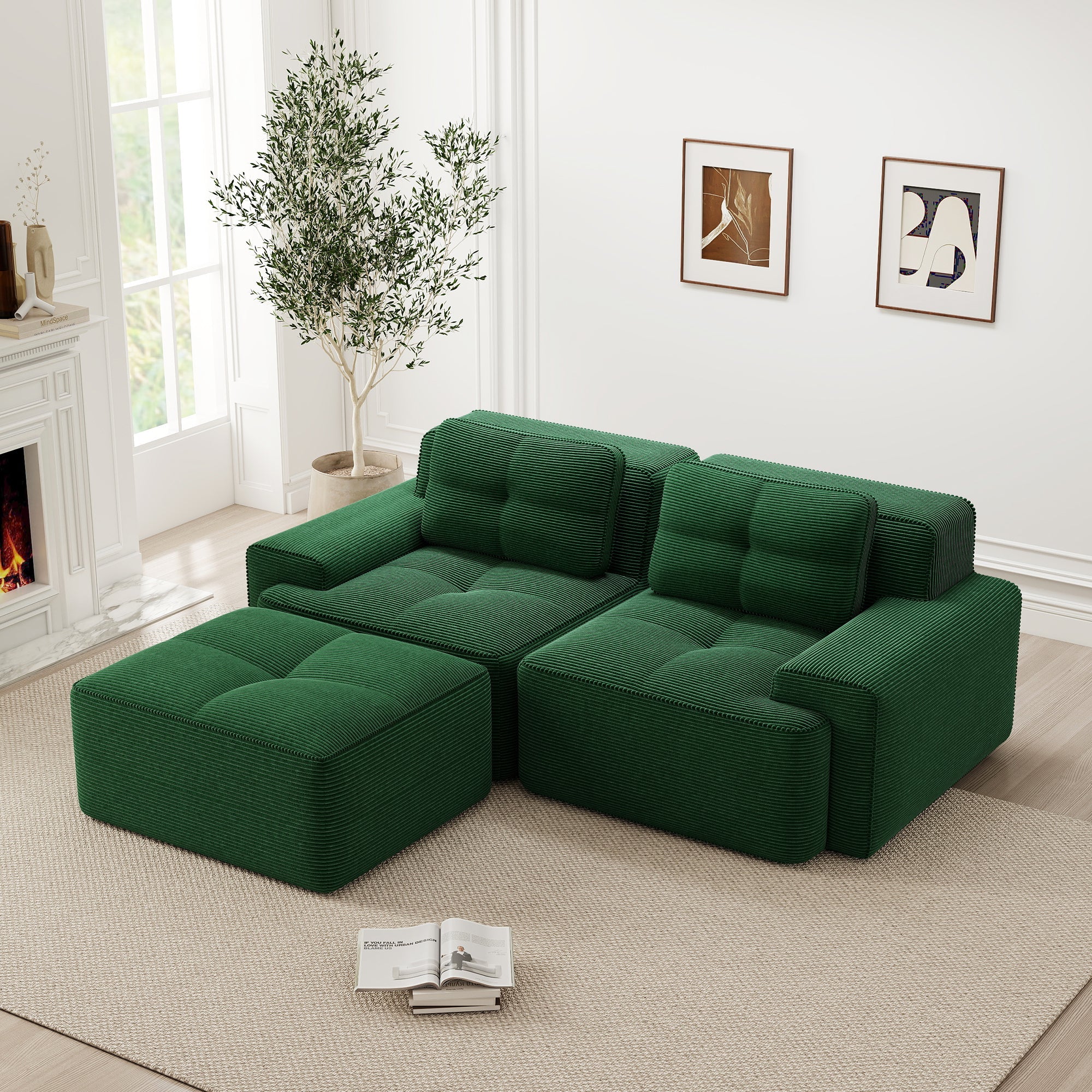Boneless Modular Sofa L-Shaped Sleeper Ottoman Tufted - Corduroy Green