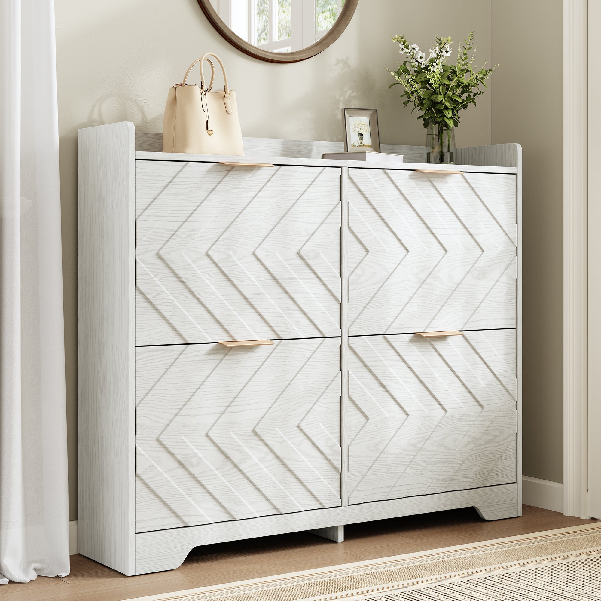Shoe Cabinet with 4 Flip Drawers, 3D Textured Front and Top Shelf, White Particle Board