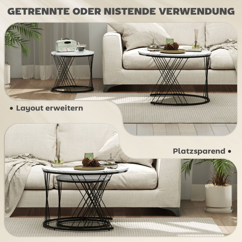 Coffee Tables Set of 2, Nestable Round Living Room, White Marble Look