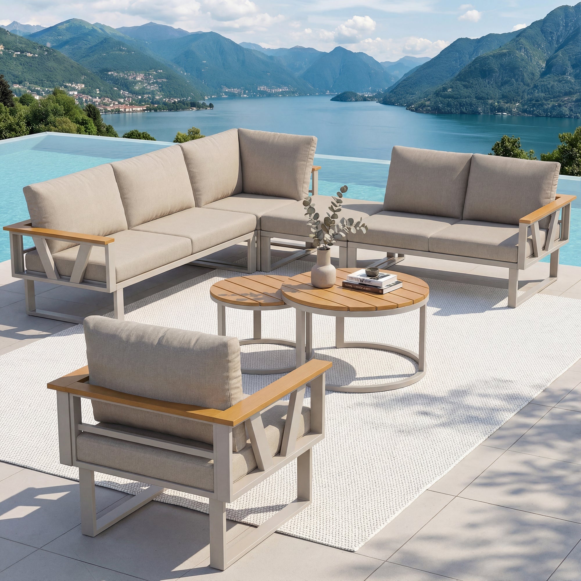 Modular Outdoor Seating Set with 9cm Cushions and 2 Wooden Tables, Grey and Beige