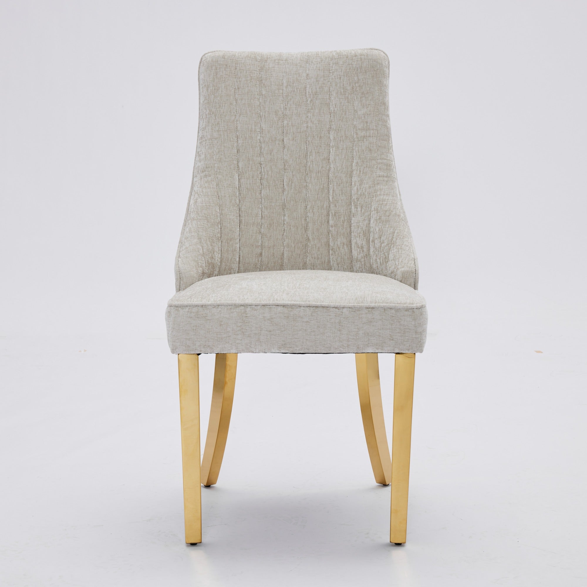 Chenille Dining Chairs Set of 2, Channel Upholstered, Golden Stainless Steel Legs, Beige