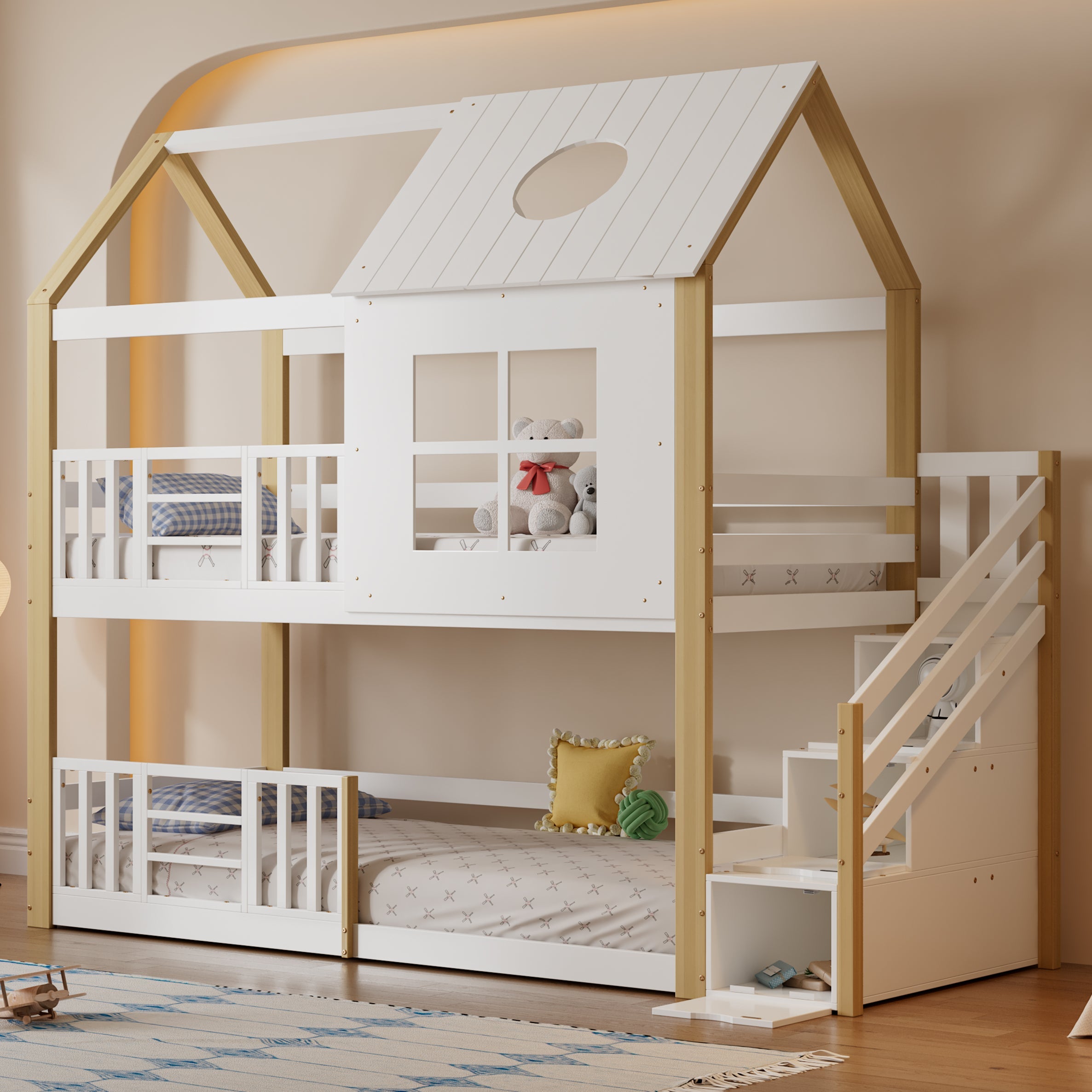 Bunk Bed House Bed with Storage Stairs, Safety Rail, Window, 90x200cm - Pine+MDF, White+Natural