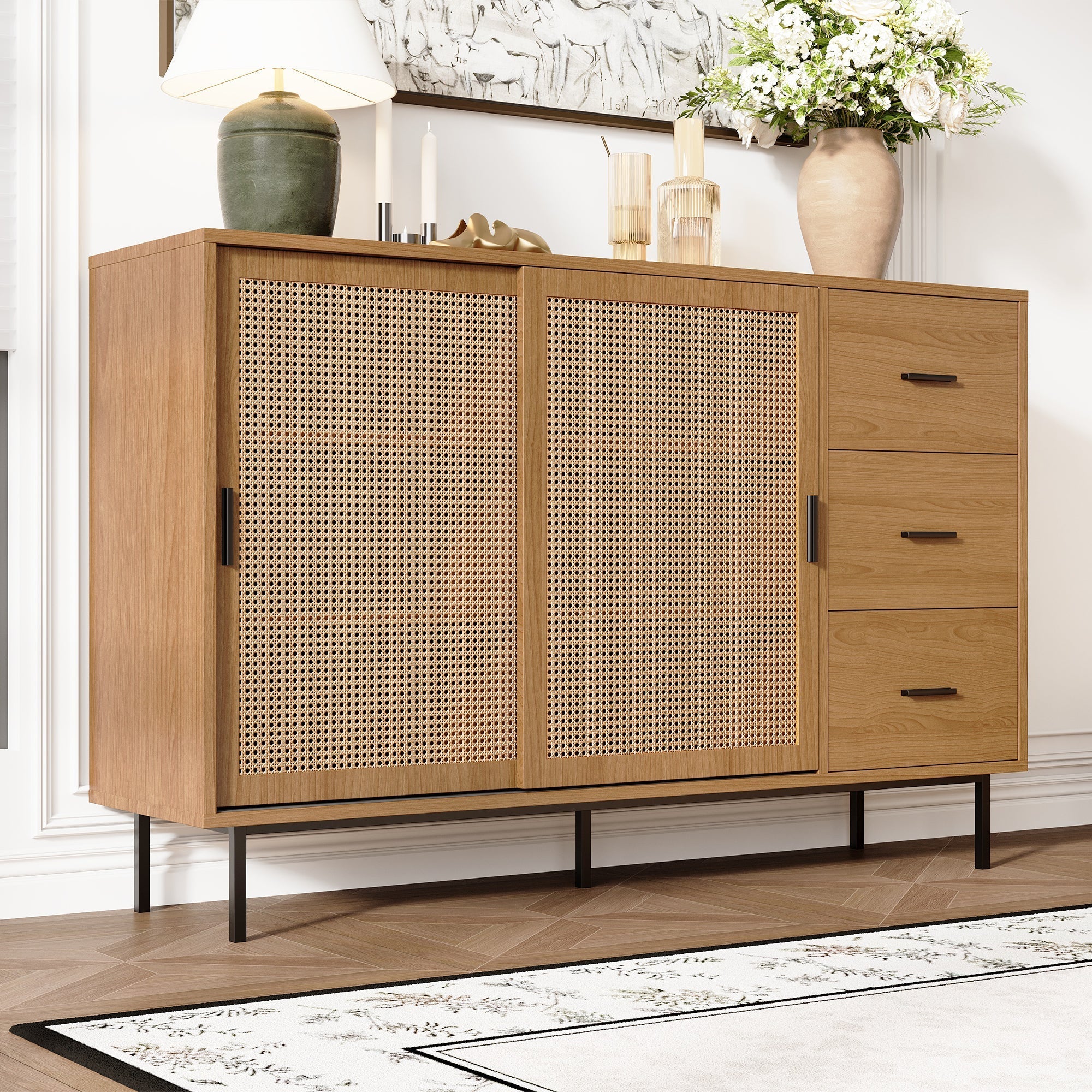 Country-style sideboard with two sliding doors and three drawers, adjustable shelves, in wood.