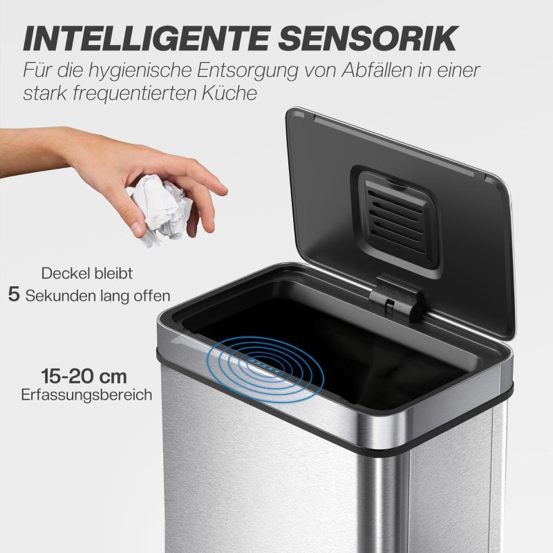 Sensor-Activated Waste Bin, 60L Automatic Lid, Stainless Steel, Silver-Colored