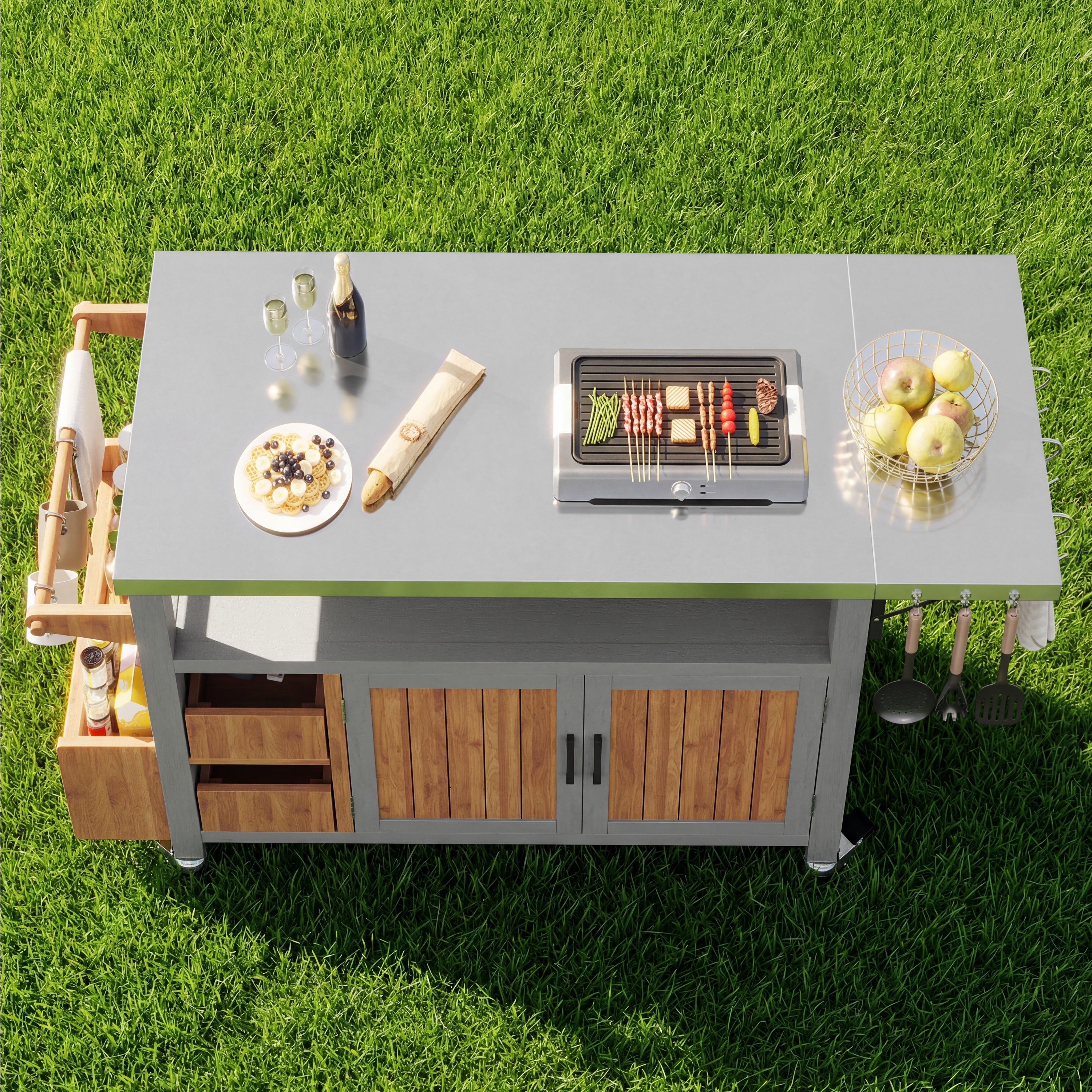 BBQ Side Table with Stainless Steel Worktop and Pull-out Shelf, Solid Wood