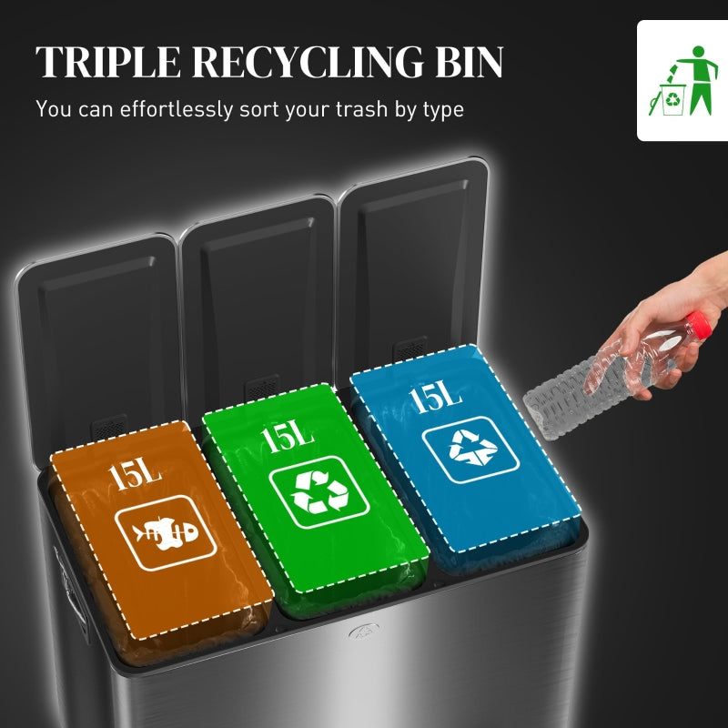 3 x 15L Pedal Bin Triple Kitchen Bin Soft Close Fingerprint-Proof Black