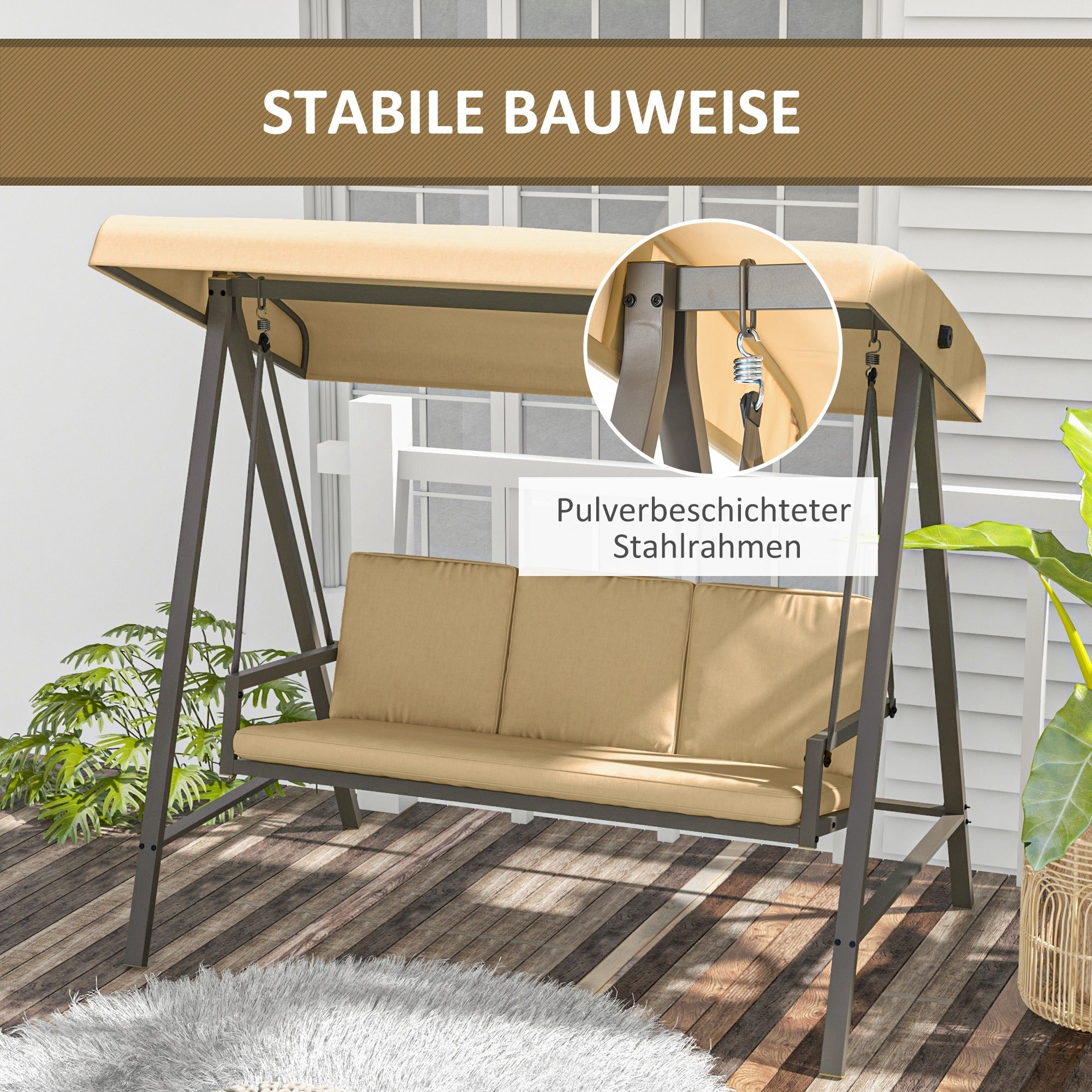 Hollywood Swing Set 3-Seater Adjustable Canopy Back Cushions 360 kg Beige