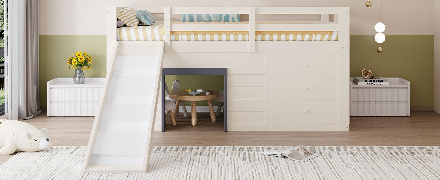 Loft Bed, 90 x 200 with Slide, 3 Drawers & 2 Doors, Cream