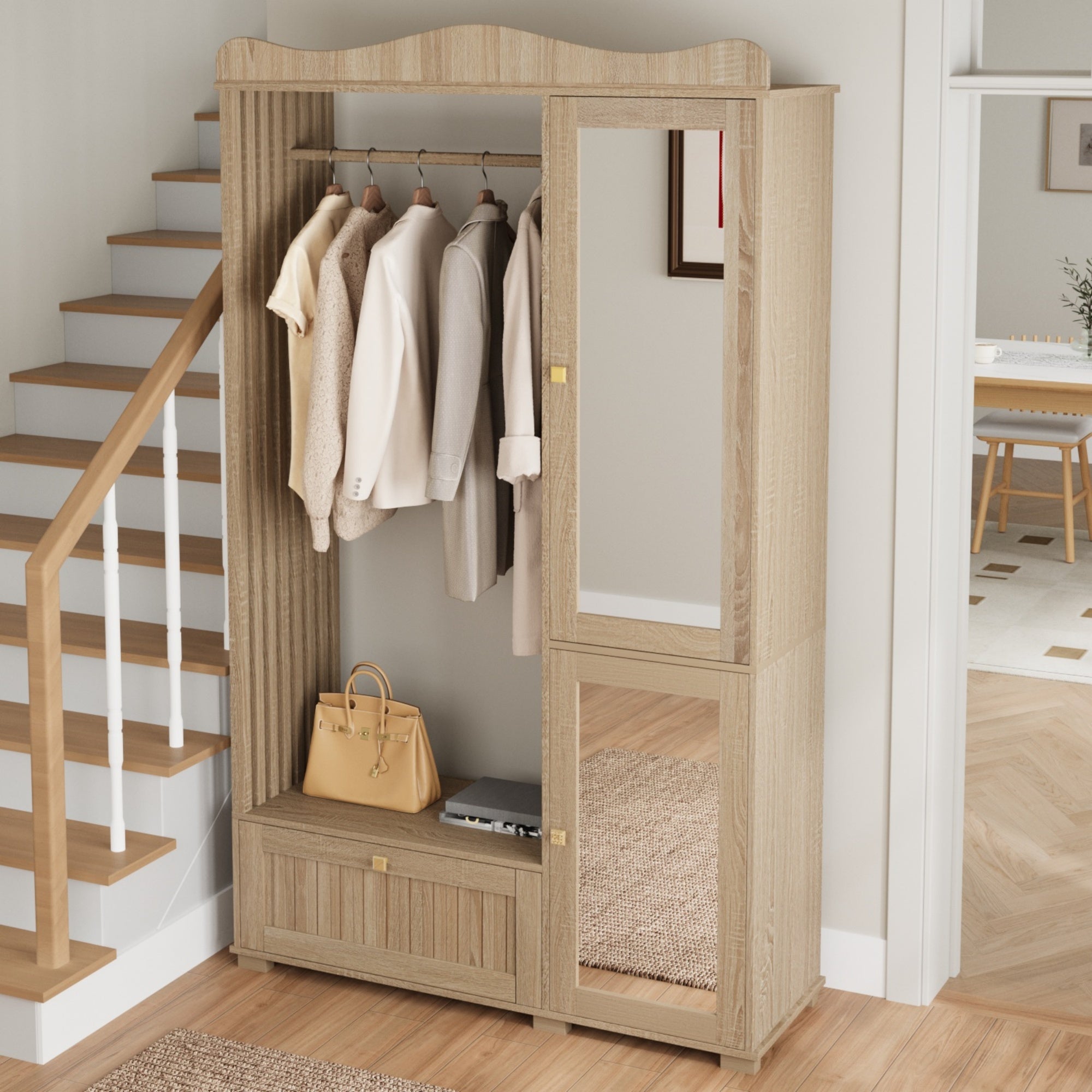 Wardrobe with Mirror and Open Clothes Rack, Drawer and 2 Doors, Wood Wood