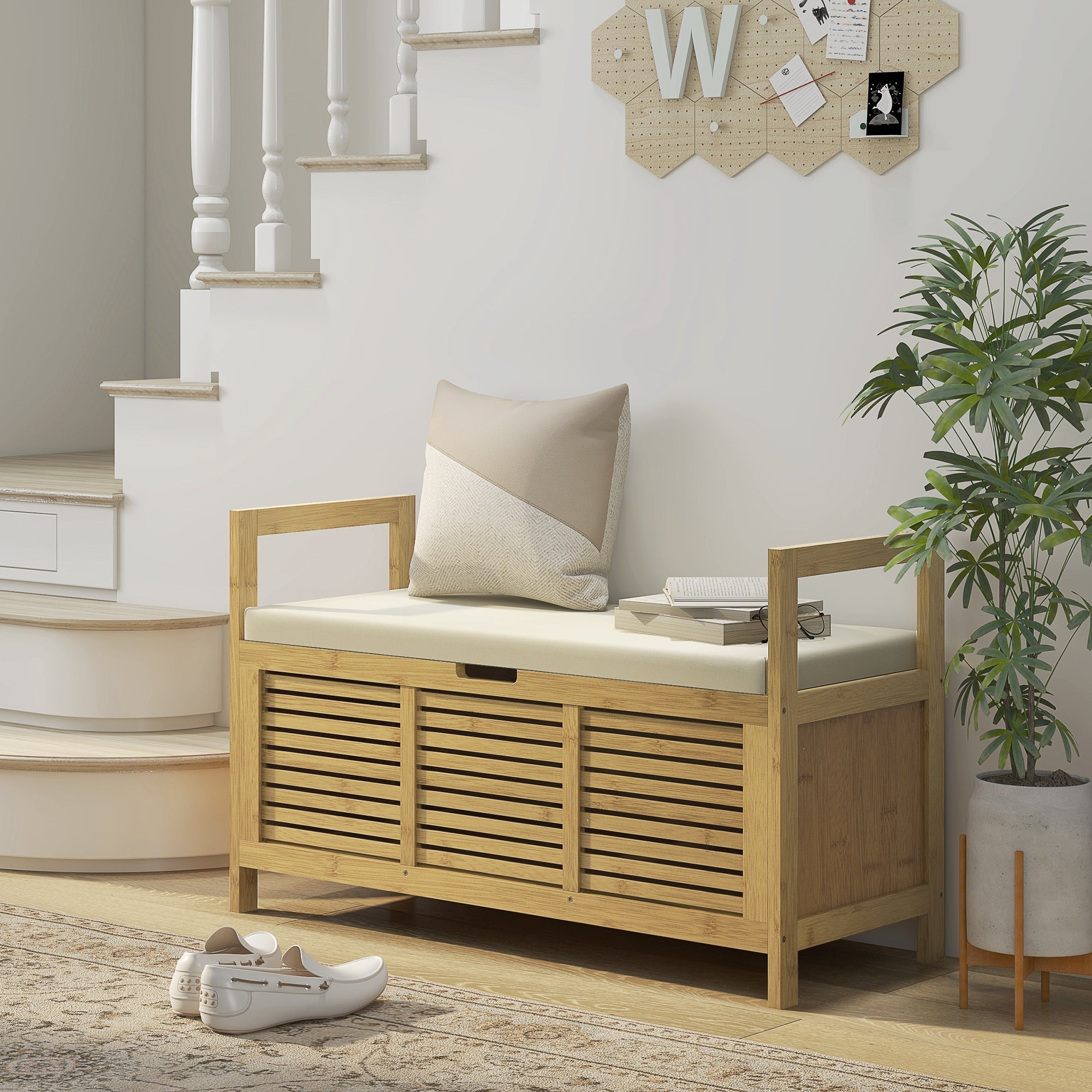 Shoe Bench with Hinged Lid and Rack, Hallway Storage, 100 x 40 x 60 cm, Bamboo