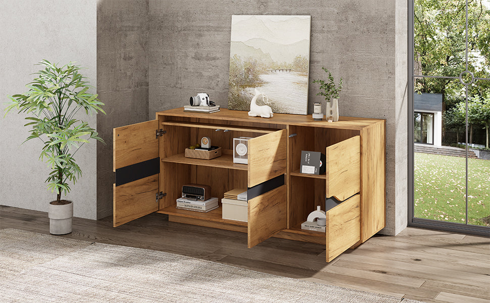 Sideboard Cabinet 3 Doors Adjustable Dividers Handleless 140x40x70cm Wood Color + Black