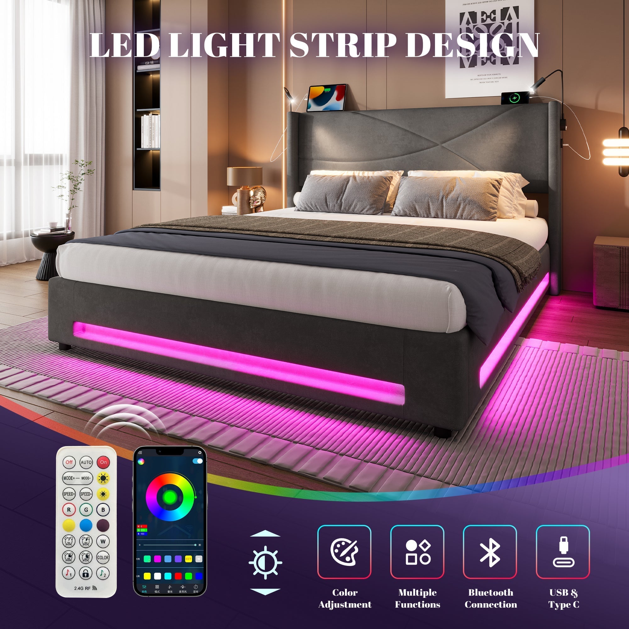 Modern Bed Frame with Reading Lamps, LED, Hydraulic Storage, USB Ports, Dark Gray