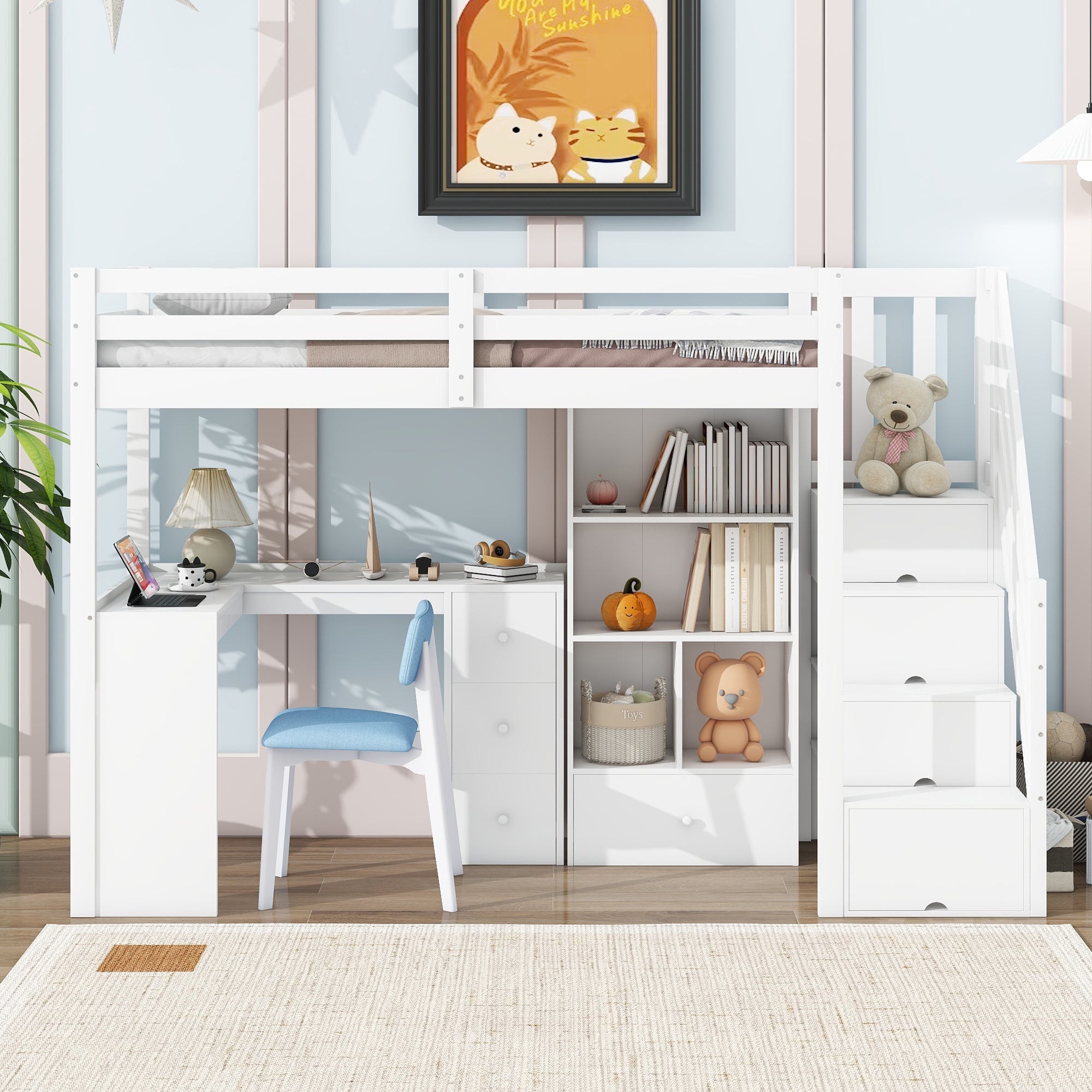 Loft Bed 90x200cm Desk Drawers Storage Stowable Ladder EN 747 Certified White