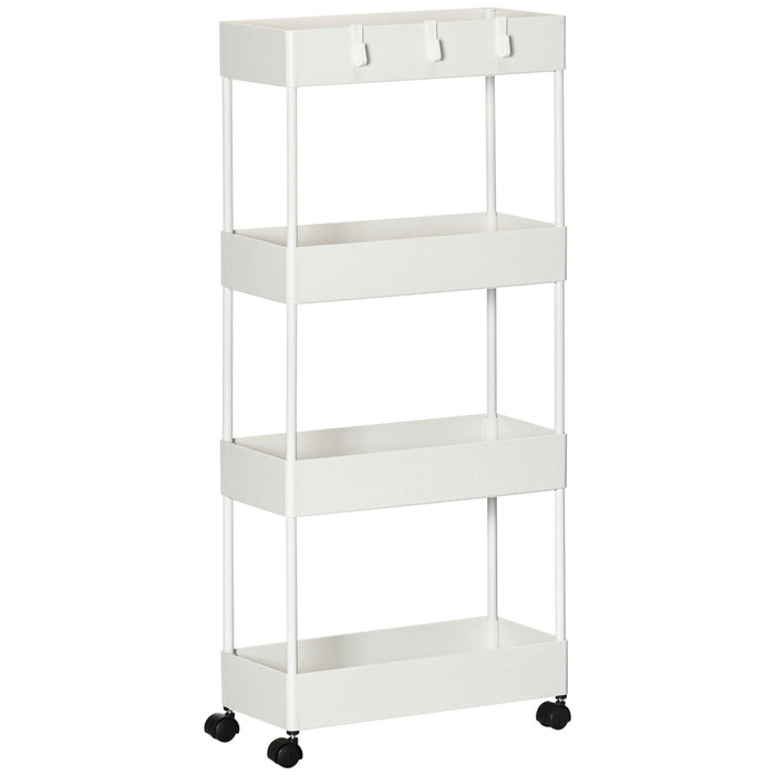 Rolling Kitchen Shelf, 4-Tier Storage with Wheels & Brakes, White