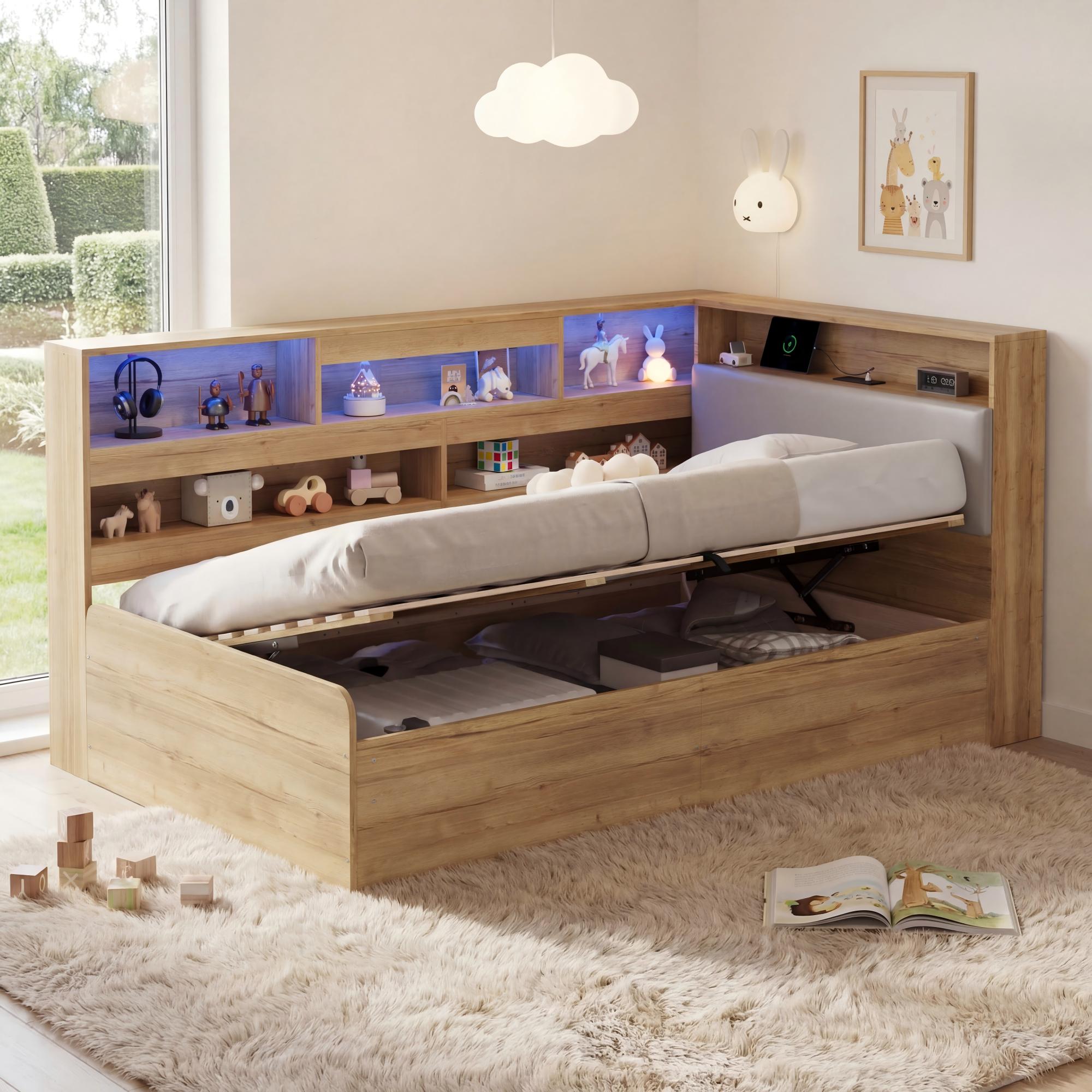 Daybed with Hydraulic Storage, USB Charging and LED Lighting, 90x200cm, Natural Wood