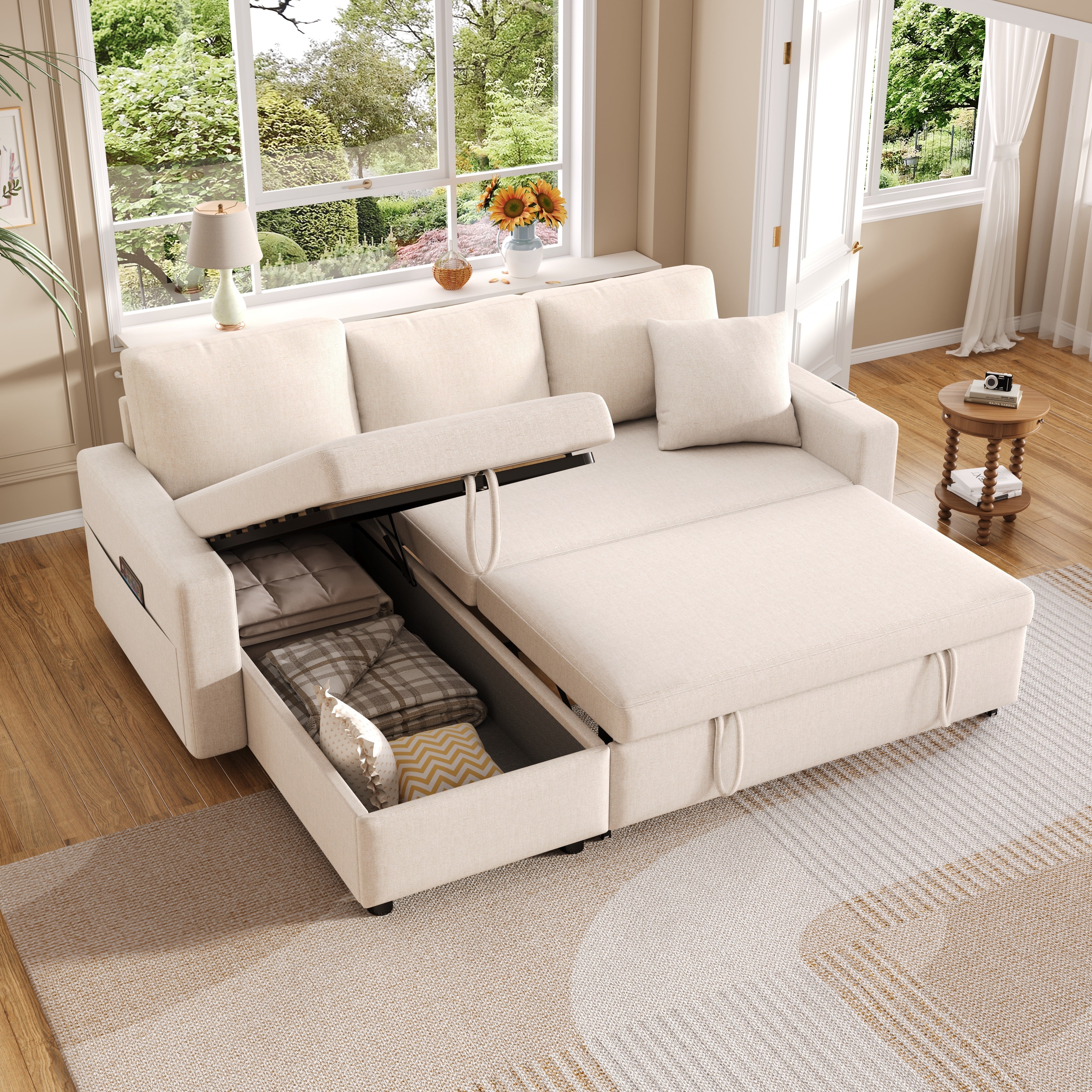 Sofa Bed L-Shaped Chaise Storage Reversible Beige