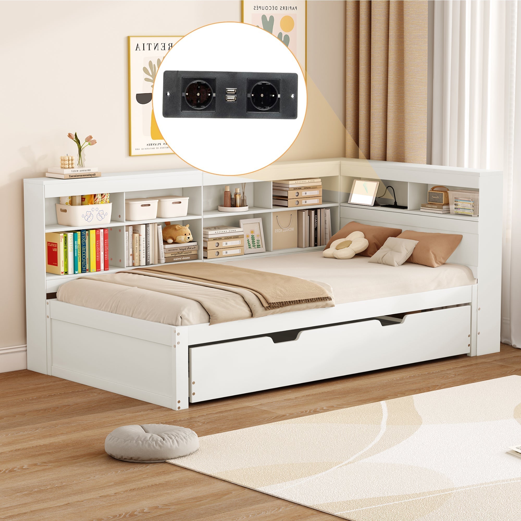 Sofa Bed 90*200 Pull-Out with USB & Storage, Solid Wood, White