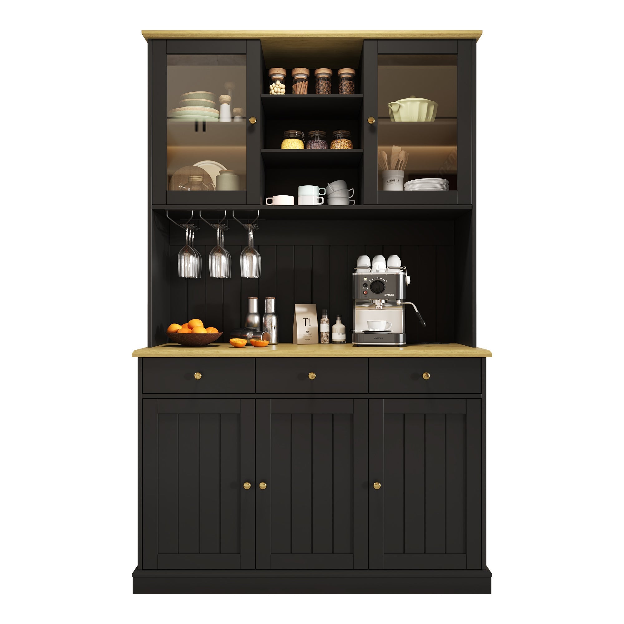 Sideboard Tall Cabinet with Glass Doors, Power Outlets & USB Ports, Black and Gold Handles
